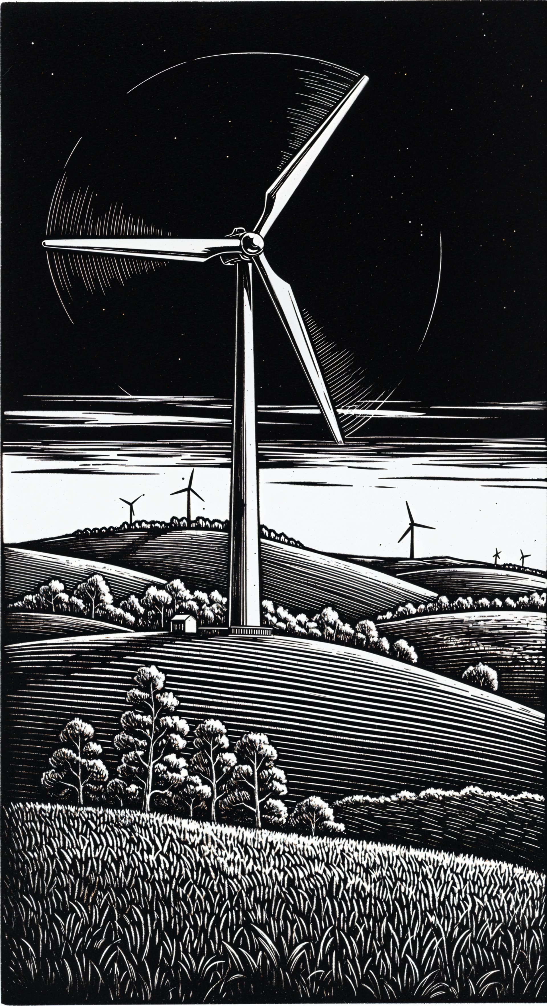 Monochrome linocut-style phone wallpaper of a tall wind turbine on rolling hills with trees and distant turbines under a starry sky — fits iPhone and Android screens.