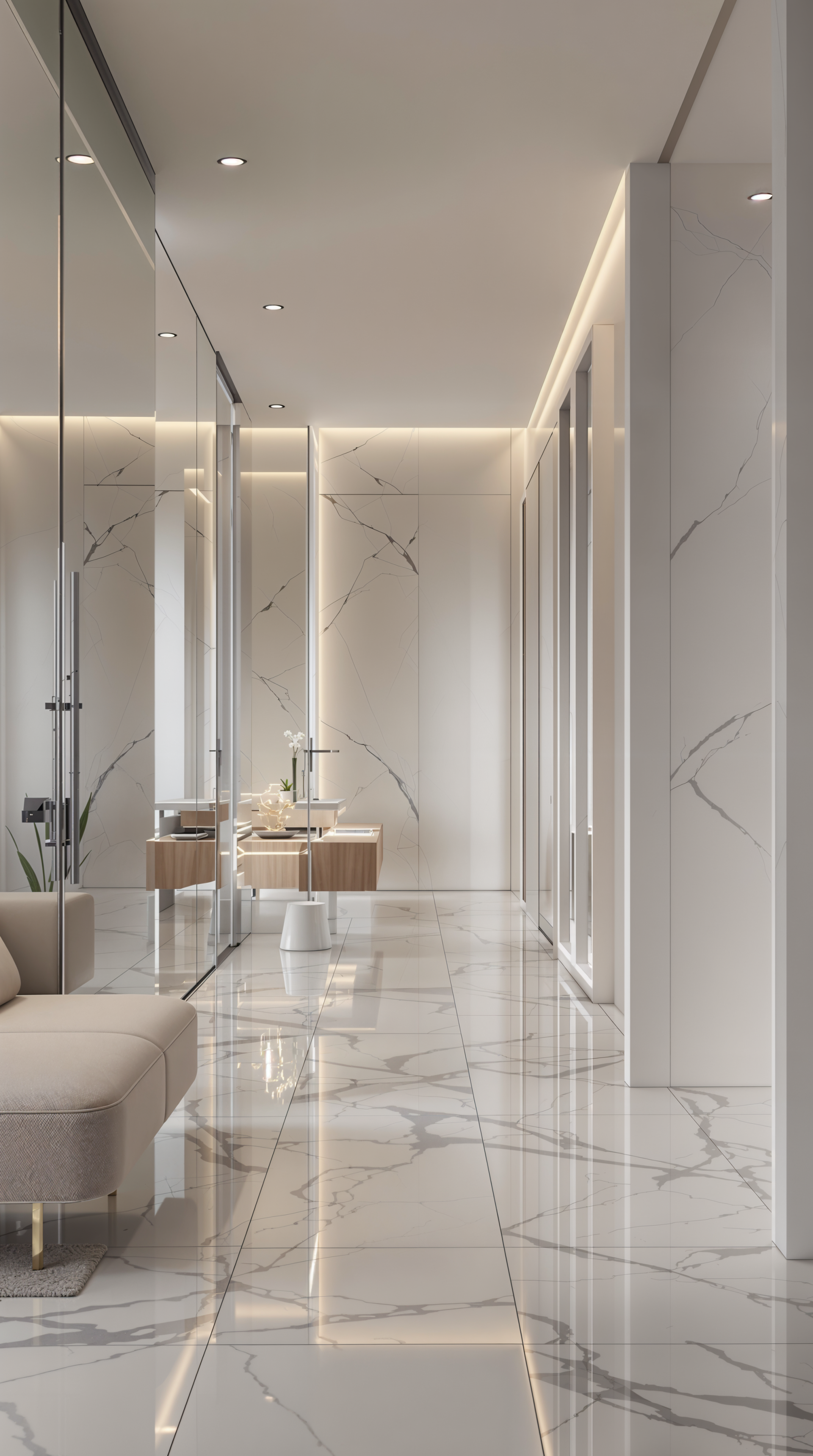 Minimalist marble hallway with glossy veined floor, soft beige seating and glass partitions; vertical composition phone wallpaper for iPhone and Android.