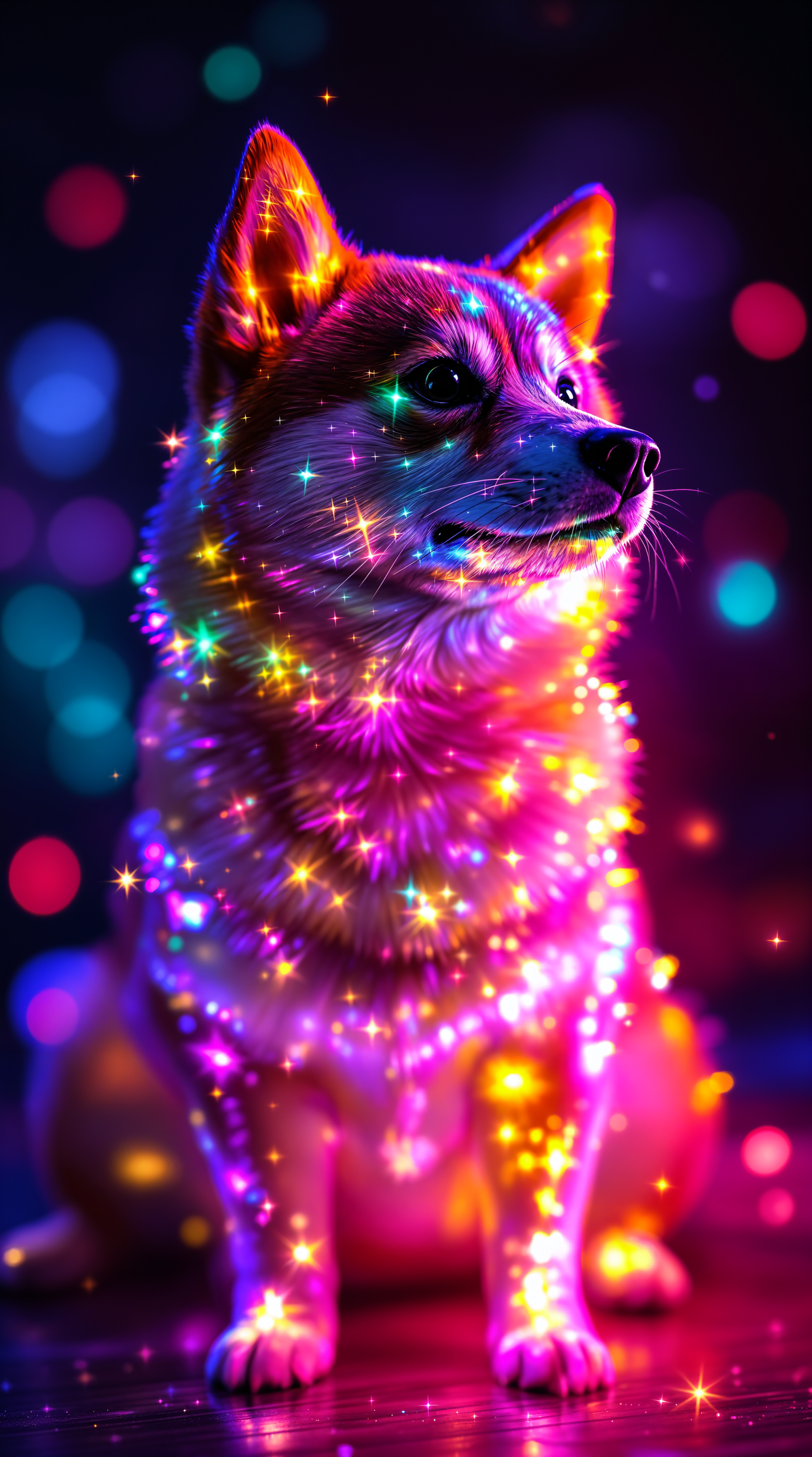 Vivid neon Shiba Inu wrapped in sparkling fairy lights against a bokeh background — phone wallpaper that works on iPhones and Android phones.