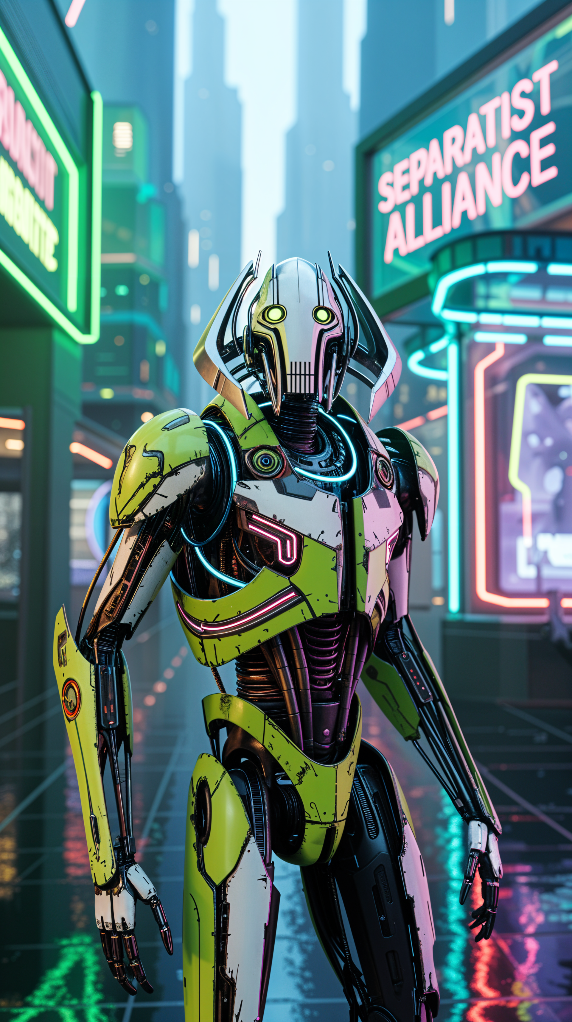 Neon cyberpunk General Grievous standing in a rainy futuristic street with Separatist Alliance sign — vertical phone wallpaper for iPhone and Android.