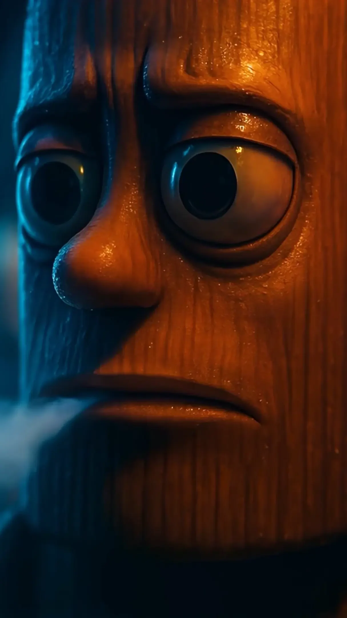iPhone & Android wallpaper: close-up of a wooden face with big, worried eyes lit in blue-orange tones — tags: Italian Brainrot; Tung Tung Tung Sahur
