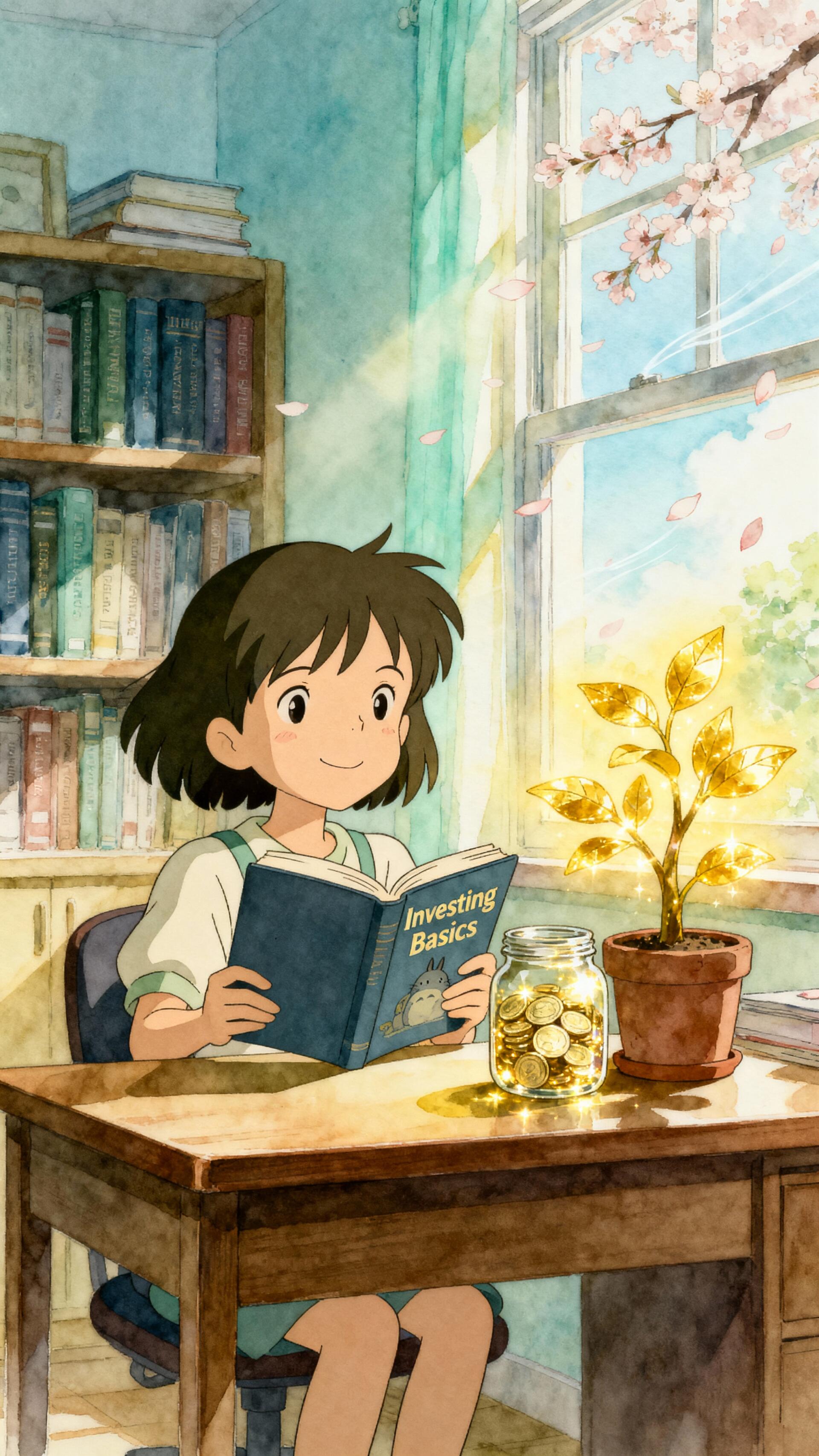 Phone wallpaper for iPhone & Android: a girl reads Investing Basics at a sunlit desk, jar of coins and a glowing golden-leaf plant beside her, bookshelves and a breezy window.
