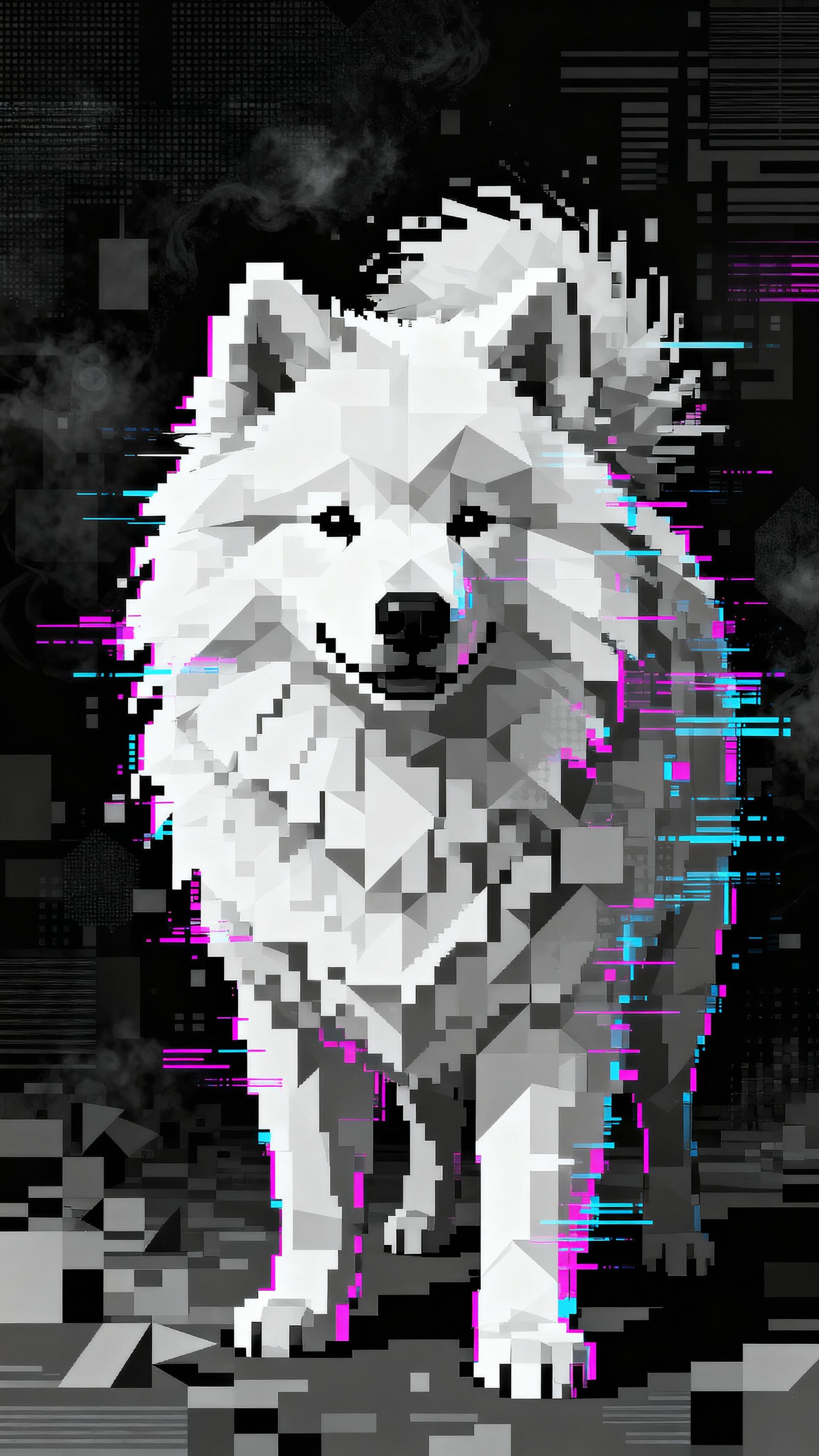 Geometric glitch-style white Samoyed centered on a dark, pixelated tech background — phone wallpaper formatted for iPhone and Android screens.