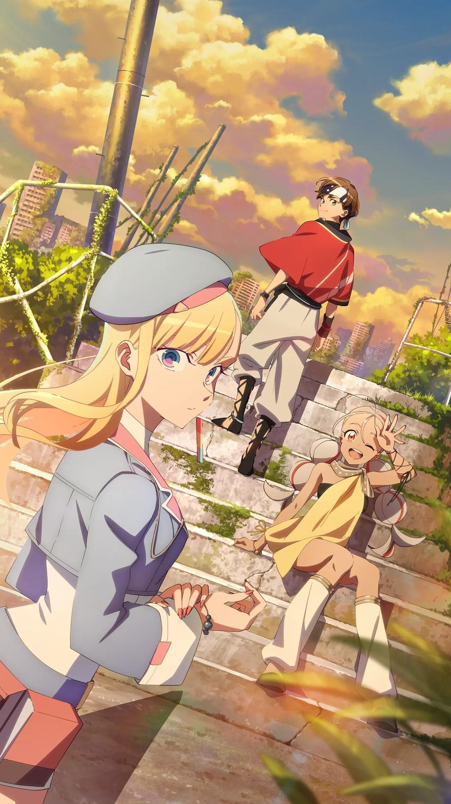 Anime phone wallpaper — Dusk Beyond the End of the World: three characters on sunlit stone steps at dusk, golden clouds and distant city skyline; for iPhone and Android.