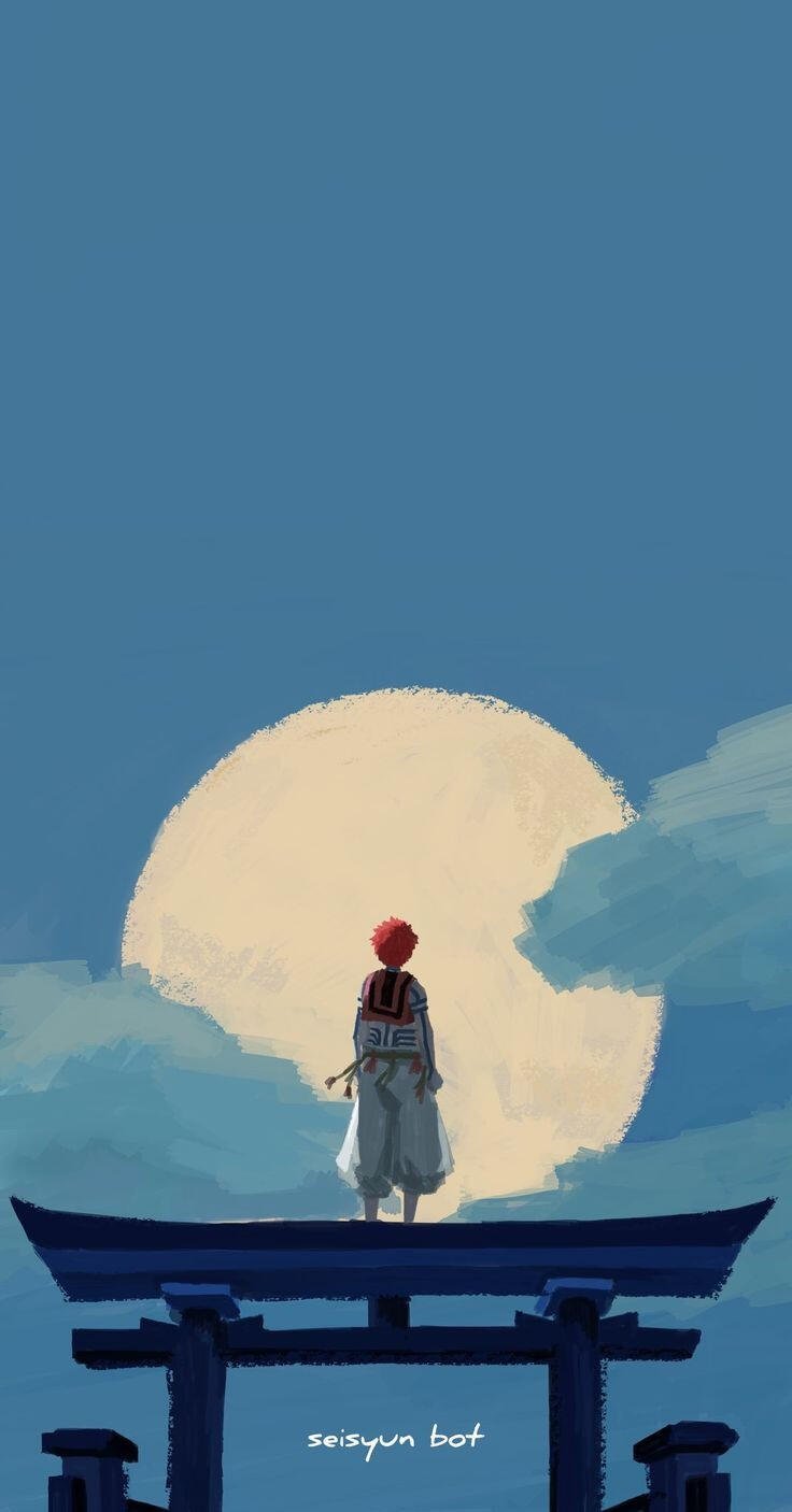 Vertical phone wallpaper (iPhone & Android): Akaza from Demon Slayer: Kimetsu no Yaiba stands atop a torii gate, silhouetted against a huge moon and blue sky in anime style.