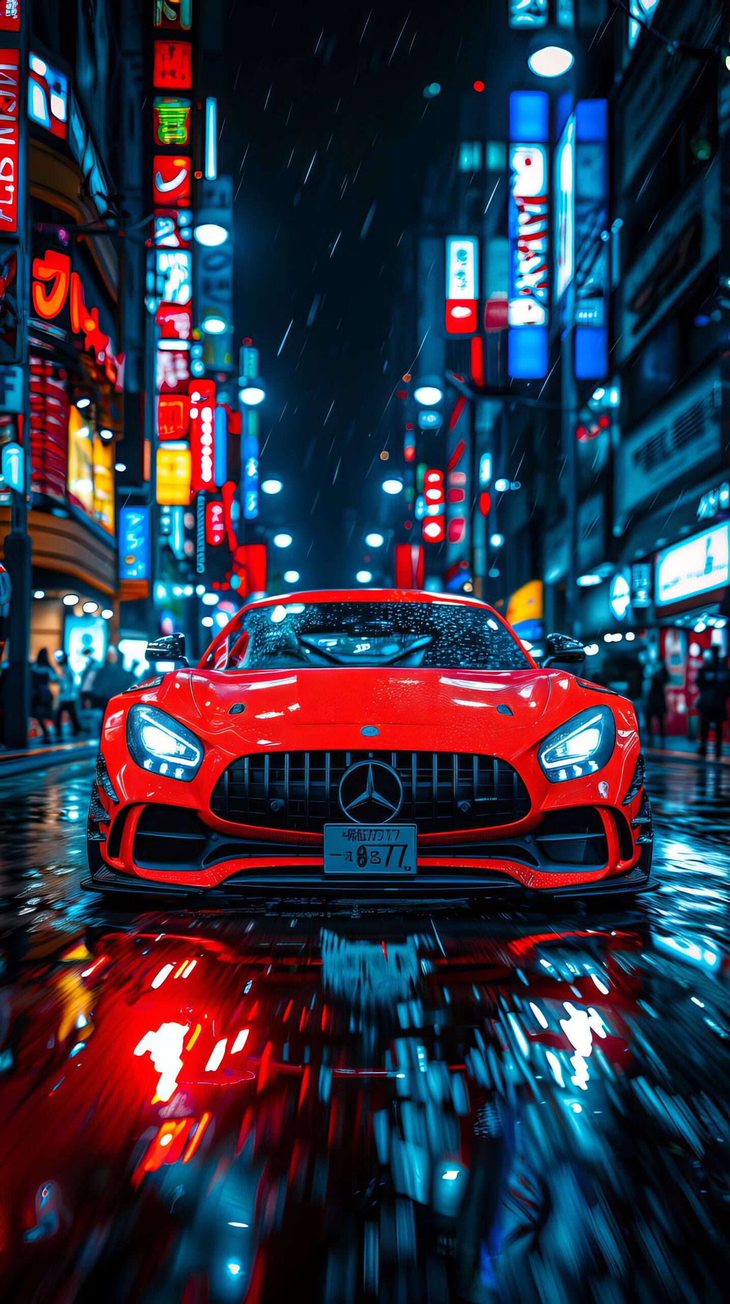 Phone wallpaper (iPhone/Android): front view of a red Mercedes‑Benz on a rainy, neon-lit city street with vivid reflections.