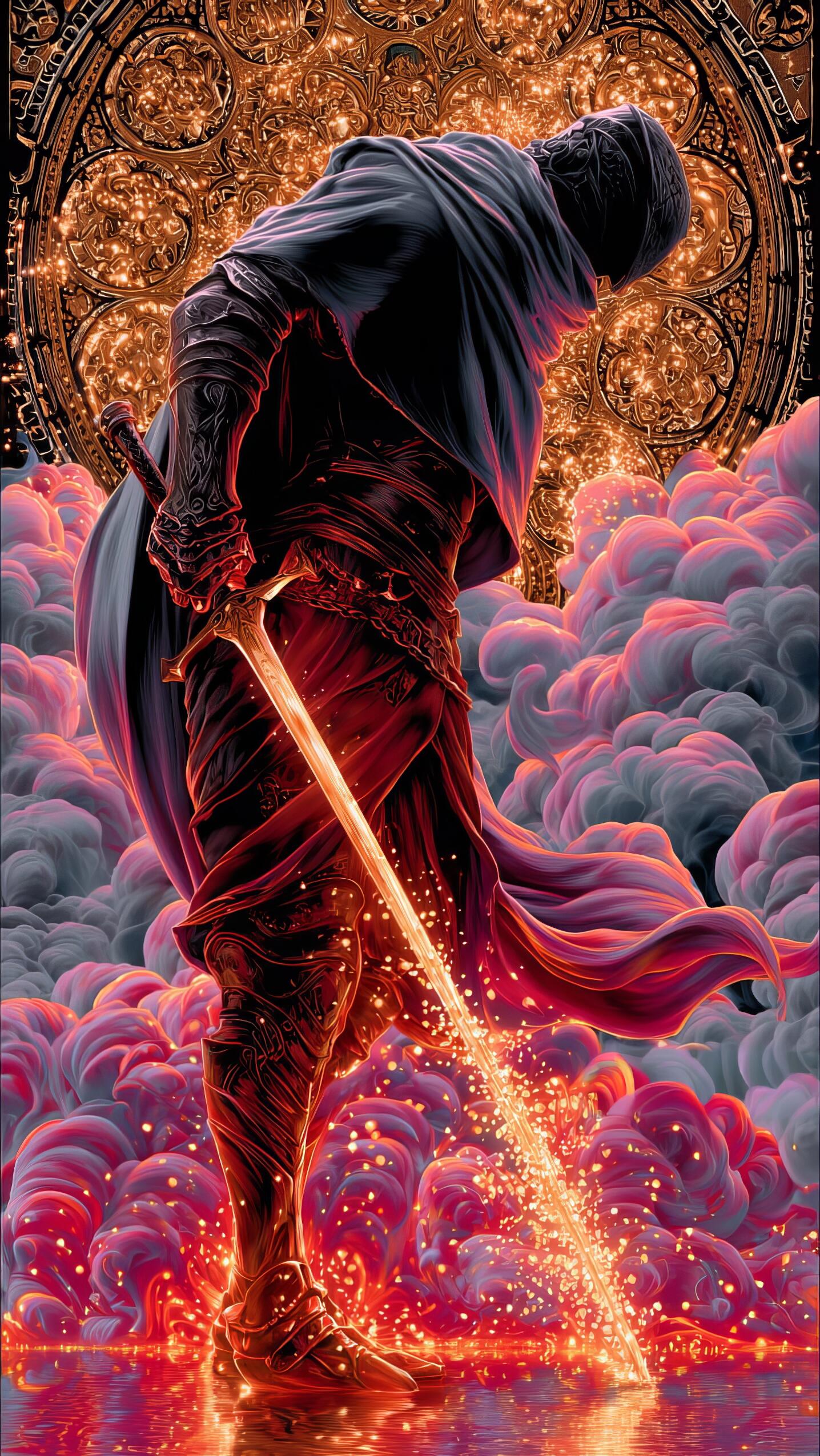 Dark Souls-inspired knight with glowing, sparking sword before a golden halo and pink smoke; cool vertical phone wallpaper for iPhone and Android.