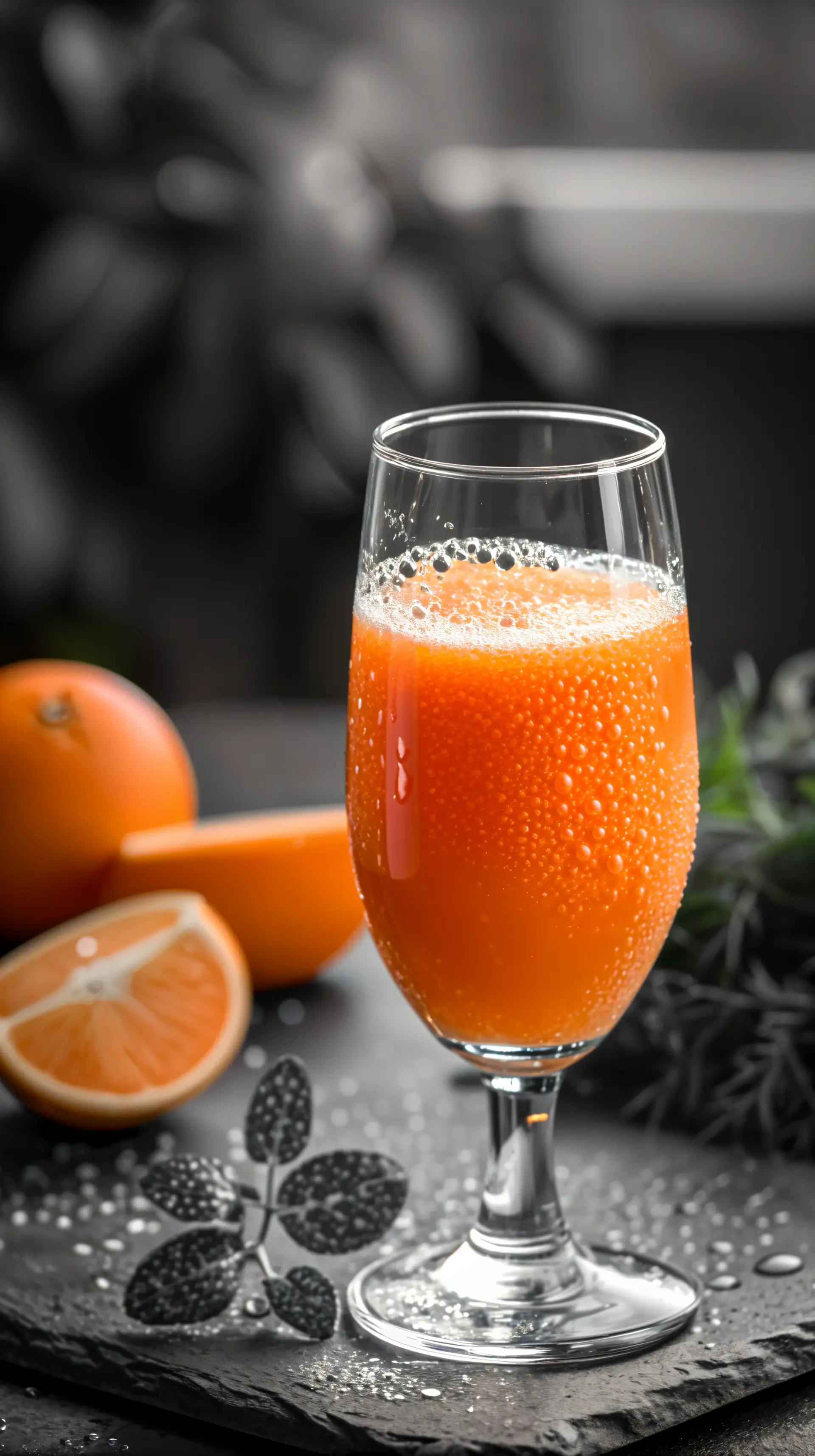 Vibrant orange juice in a dew-covered glass with halved oranges and blurred grayscale background, phone wallpaper for iPhones and Android phones.