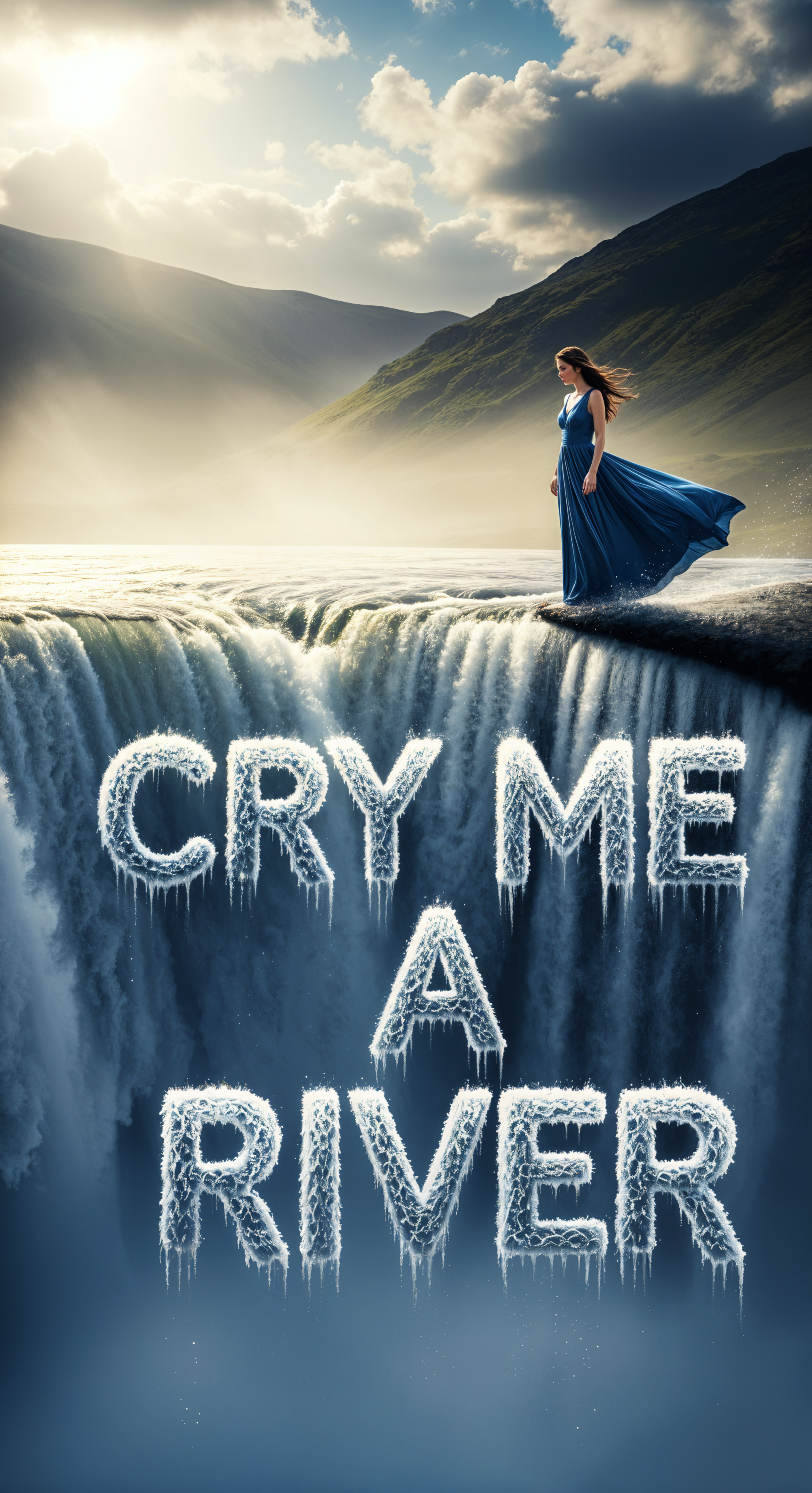 Phone wallpaper for iPhone and Android phones: a woman in a blue dress stands on a cliff above a waterfall; cascading water spells CRY ME A RIVER beneath a moody, cloudy sky.