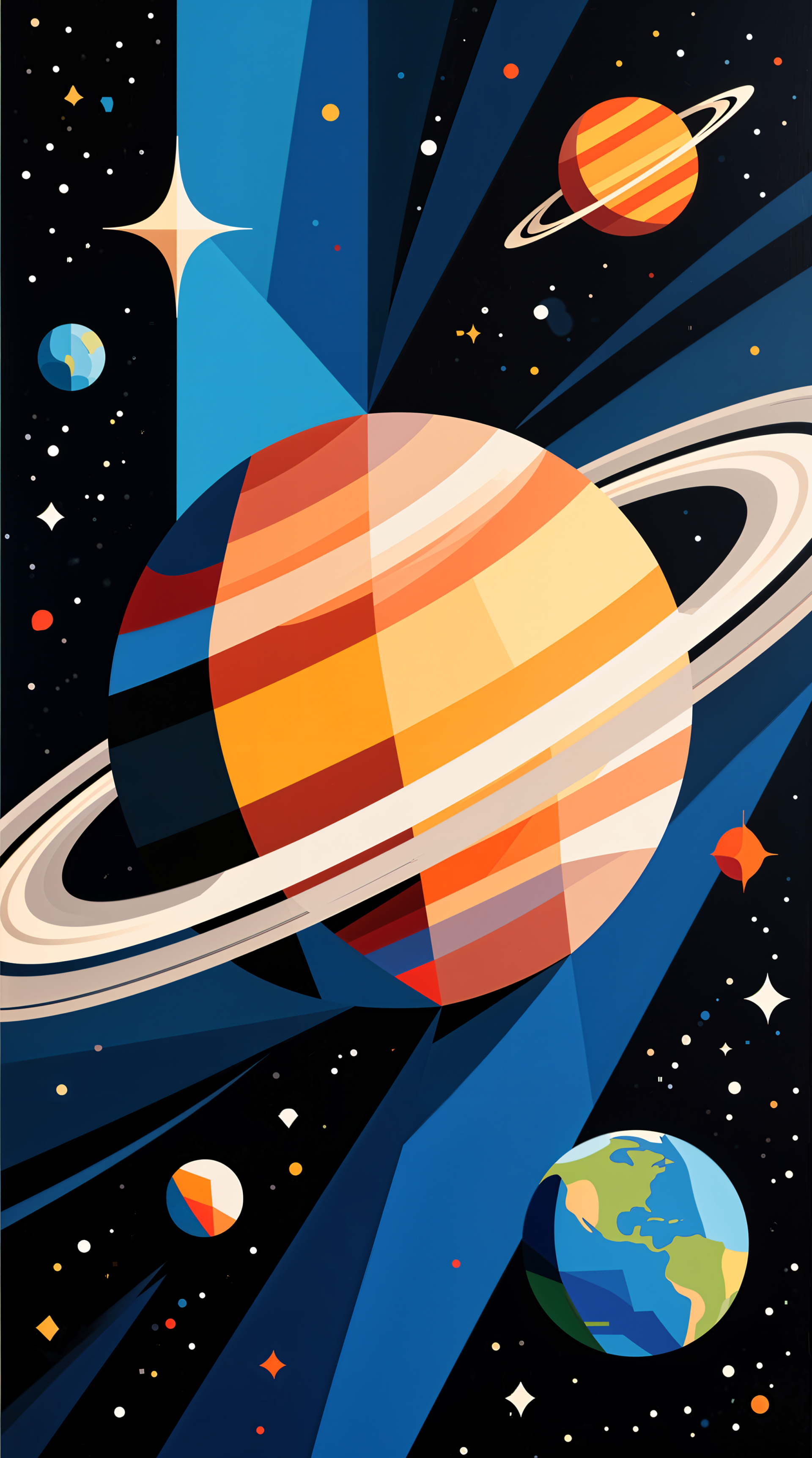 Vibrant universe phone wallpaper with a stylized ringed planet, smaller planets, stars and blue cosmic beams — works on iPhone and Android.