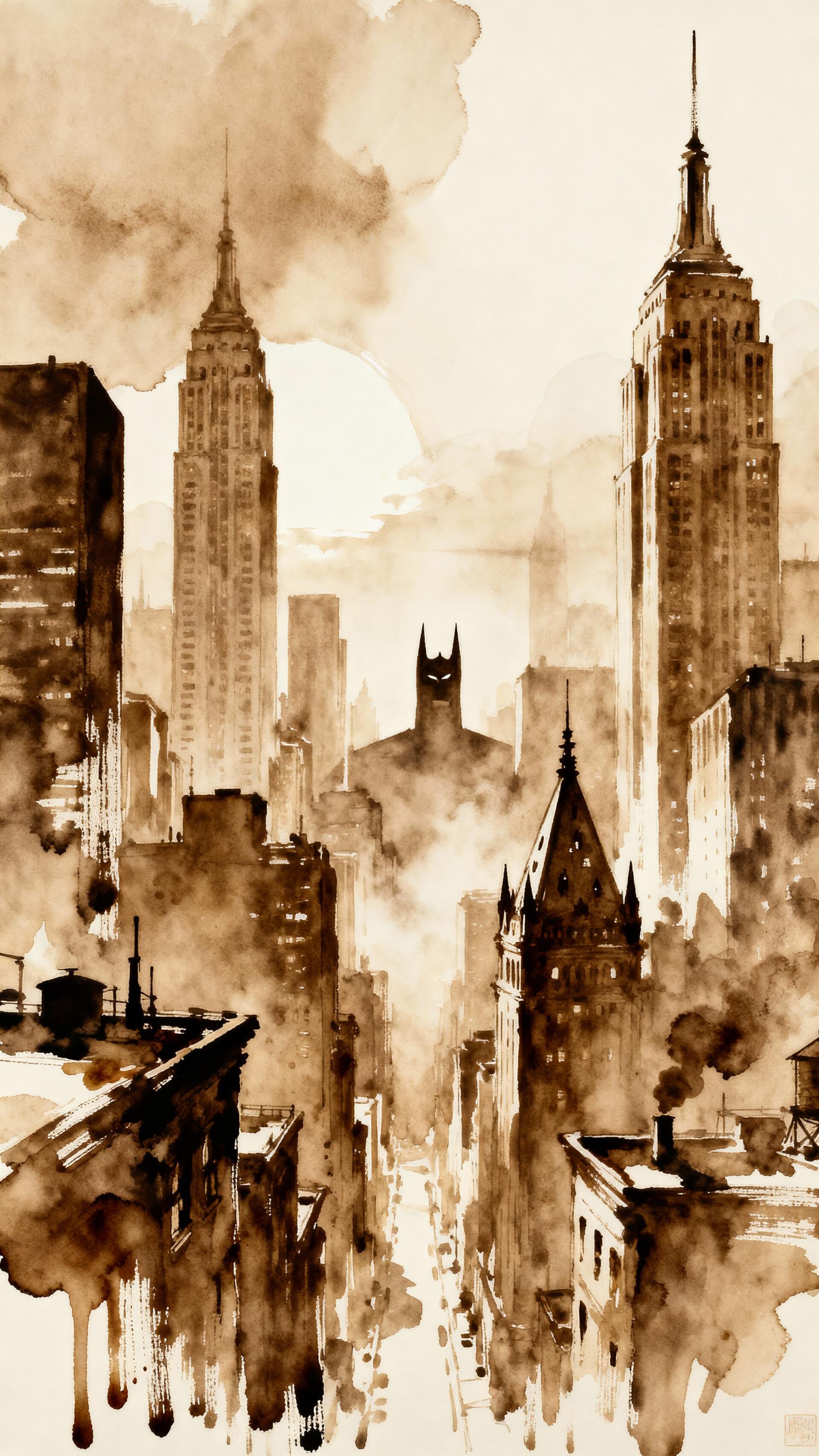 Sepia watercolor Gotham City skyline with a bat-shaped silhouette rising above misty skyscrapers — phone wallpaper for iPhone and Android phones.