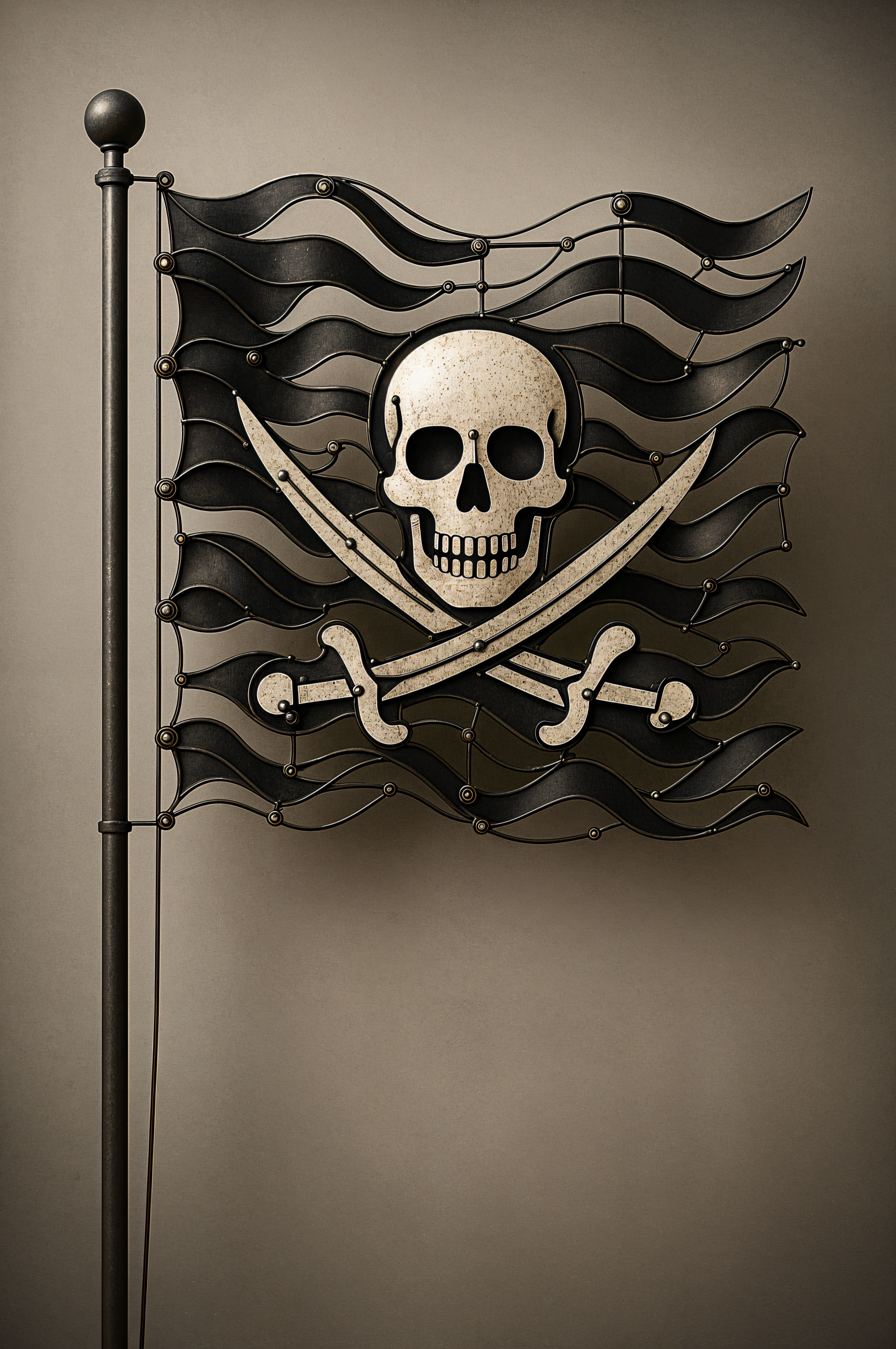 iPhone and Android phone wallpaper: stylized pirate flag — wavy black banner on a pole with a weathered skull and crossed swords against a muted background.