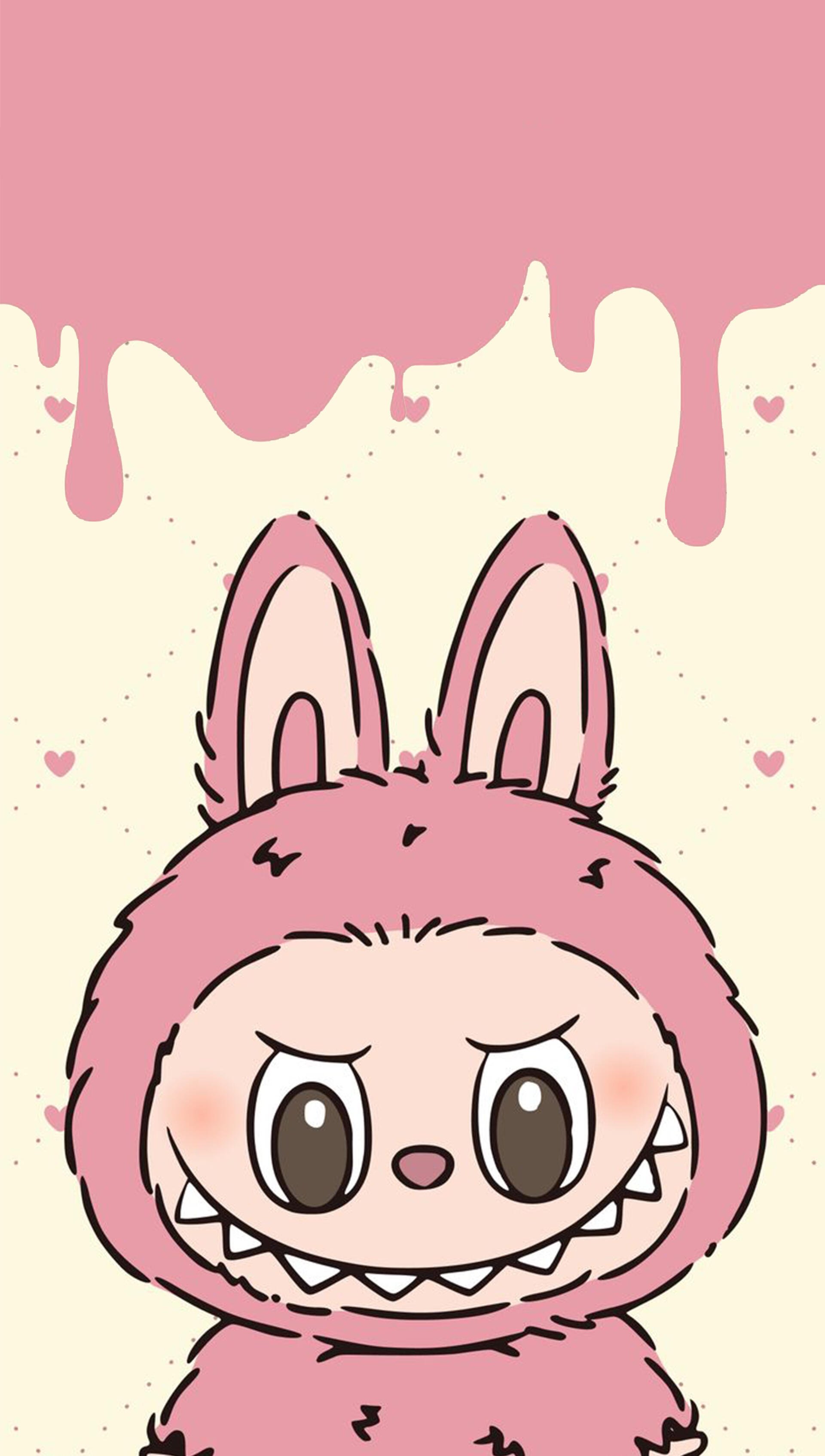Pink Labubu cartoon with bunny ears and mischievous toothy grin beneath dripping pink top — phone wallpaper for iPhones and Android phones.
