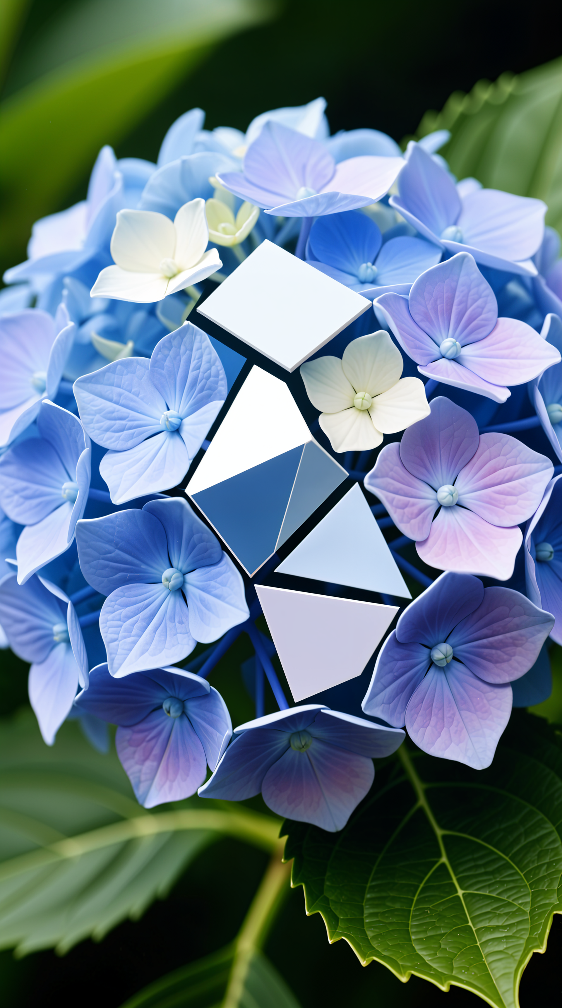 Vertical phone wallpaper — close-up blue-purple hydrangea cluster with reflective geometric shards, made to fit iPhone and Android screens.
