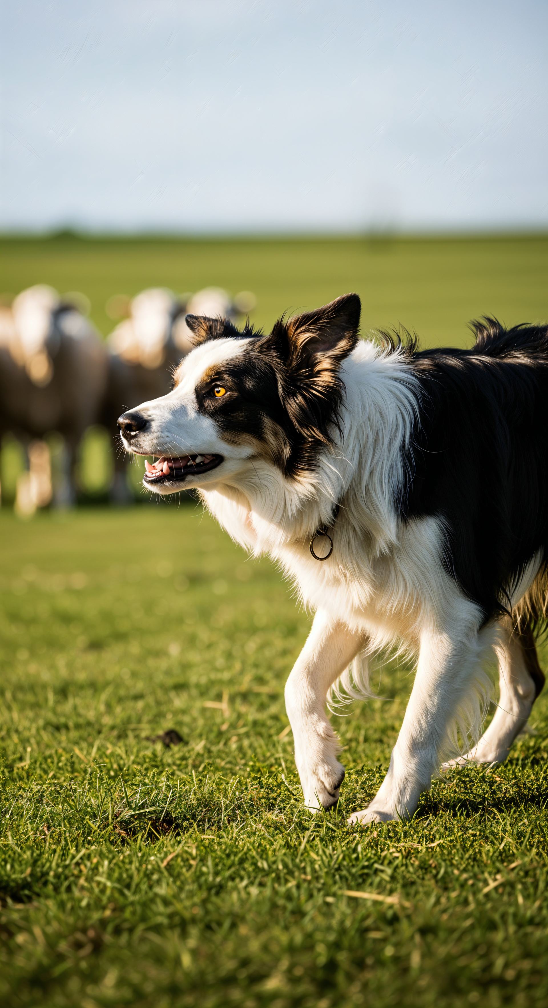 Vertical phone wallpaper of a black-and-white sheepdog poised in a green pasture with blurred sheep behind, formatted for iPhone and Android screens.