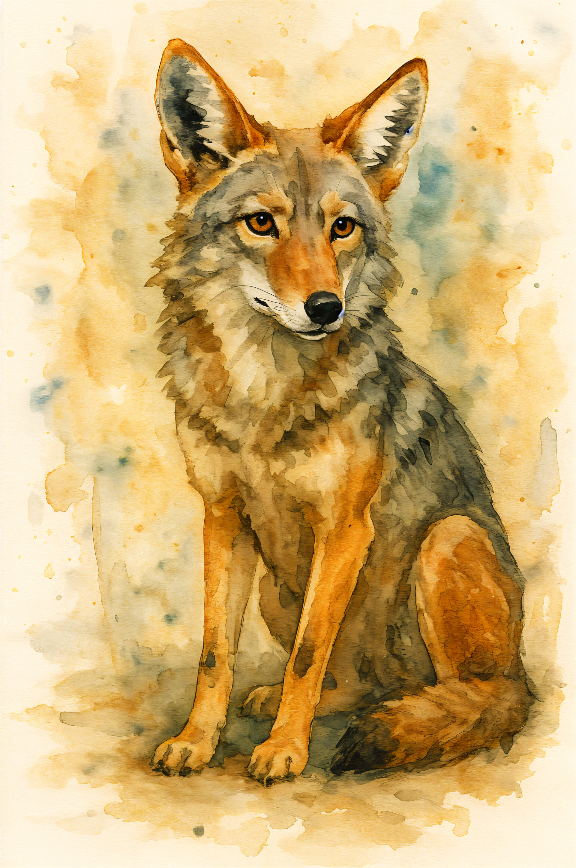 Watercolor portrait of a seated coyote in warm golds and grays on a textured beige background — vertical phone wallpaper for iPhone and Android.