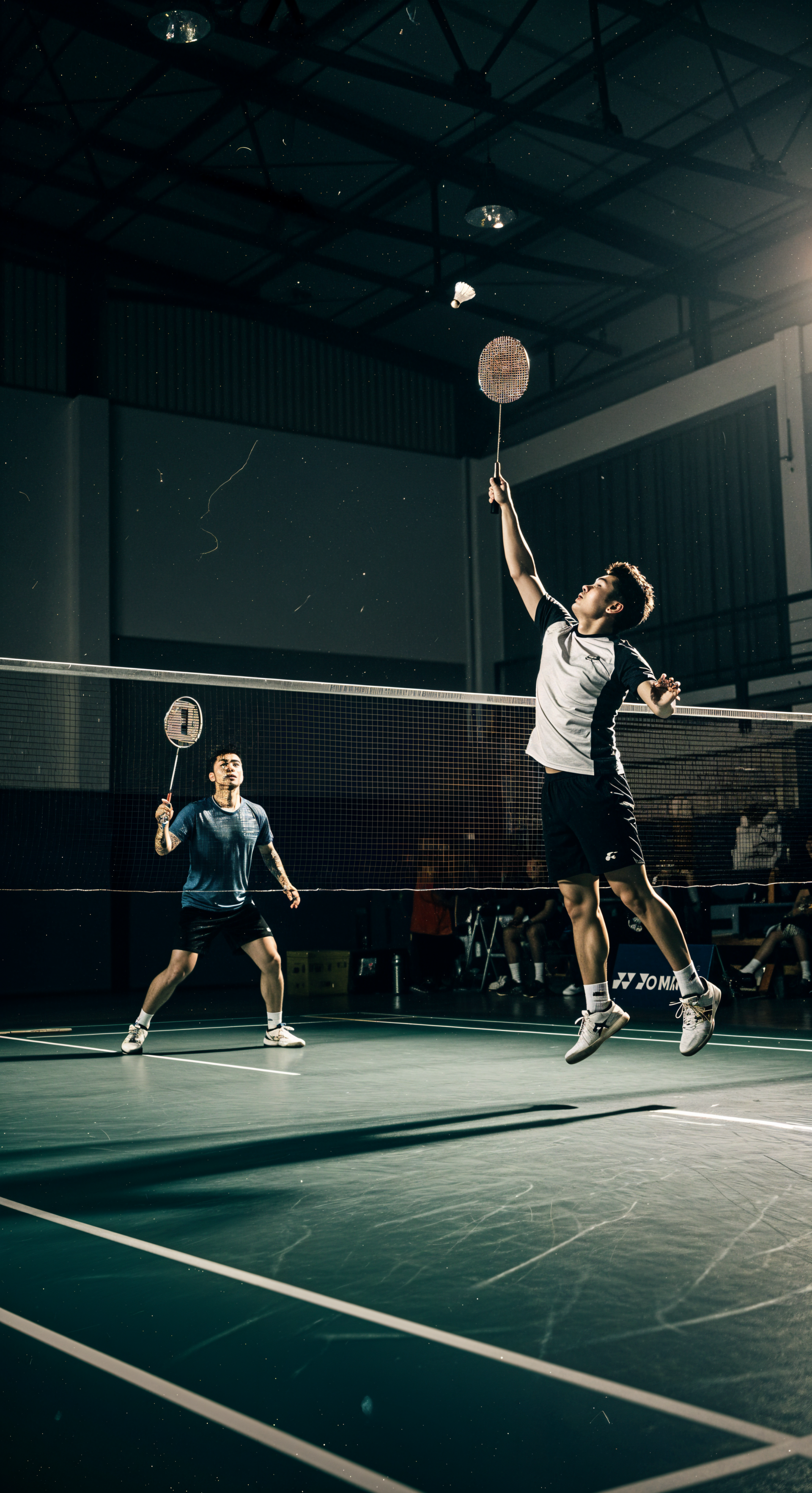 Vertical phone wallpaper of two badminton players in an indoor court; one leaps to hit the shuttlecock while the other readies at the net — for iPhone and Android phones.