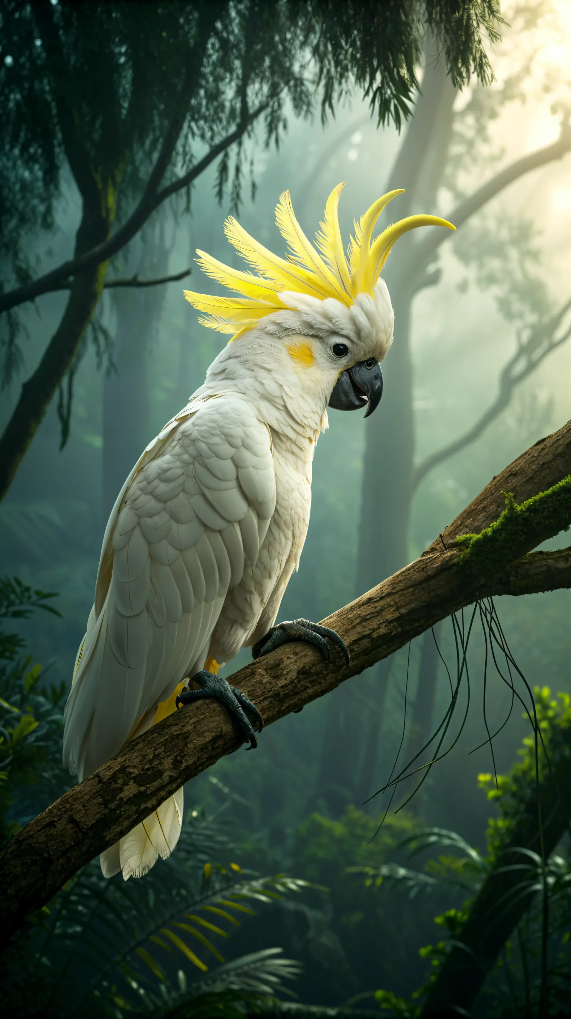 Vertical phone wallpaper of a white cockatoo with a bright yellow crest perched on a mossy branch in a misty rainforest, for iPhone and Android phones.