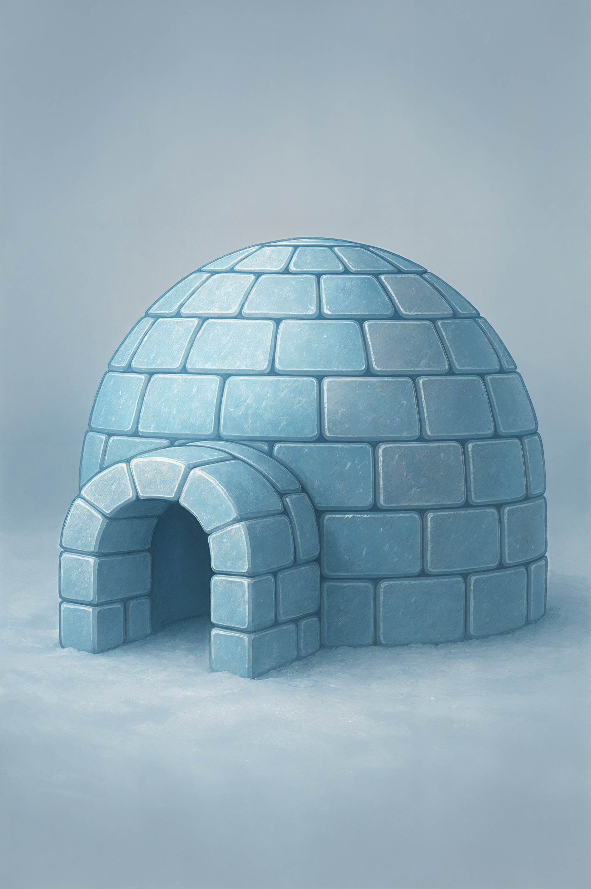 Soft blue illustrated igloo on a misty snowy background — vertical phone wallpaper for iPhone and Android phones.