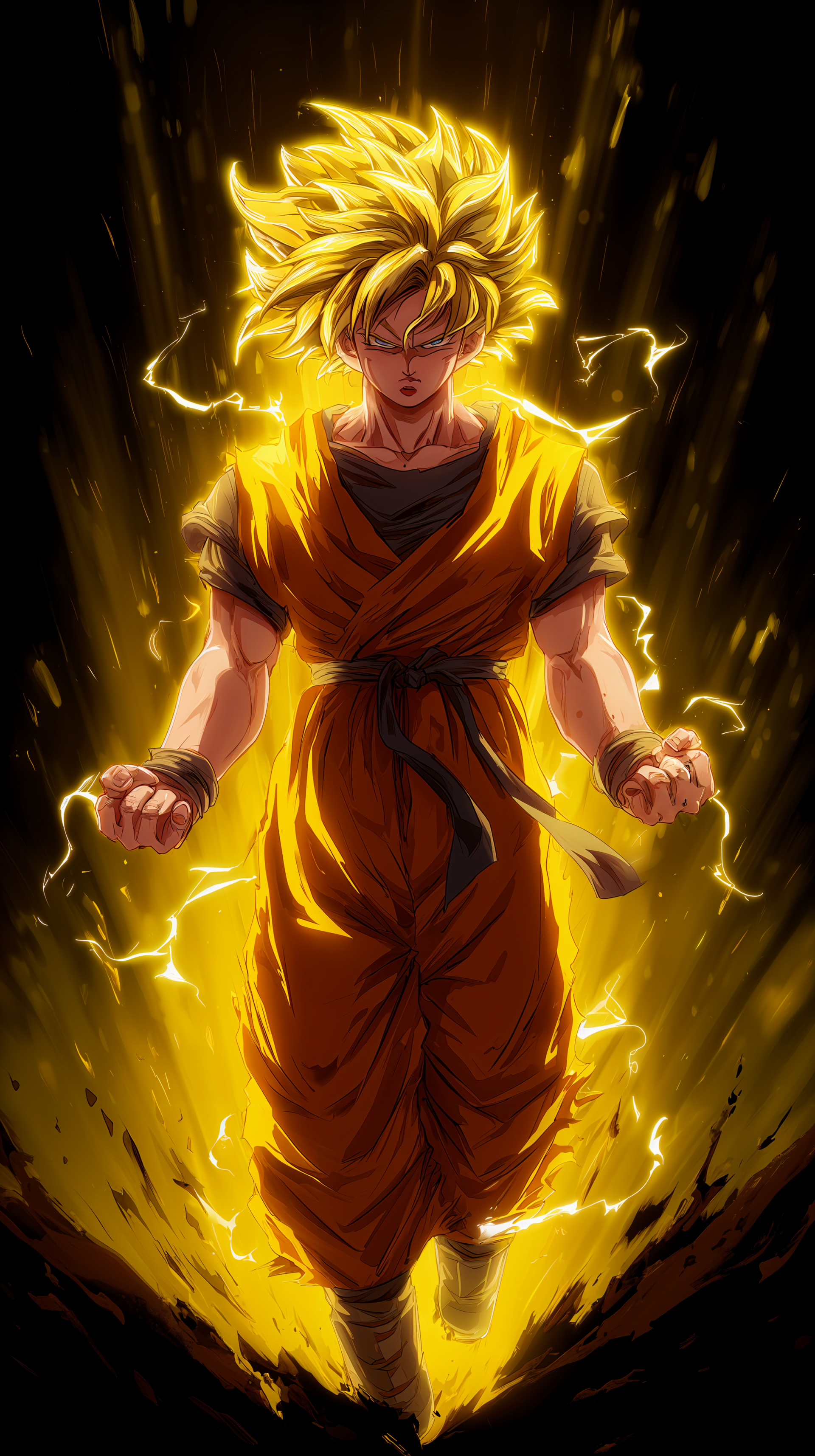 Goku (Dragon Ball Z) as a Super Saiyan, golden aura and clenched fists, dramatic vertical phone wallpaper for iPhone and Android.