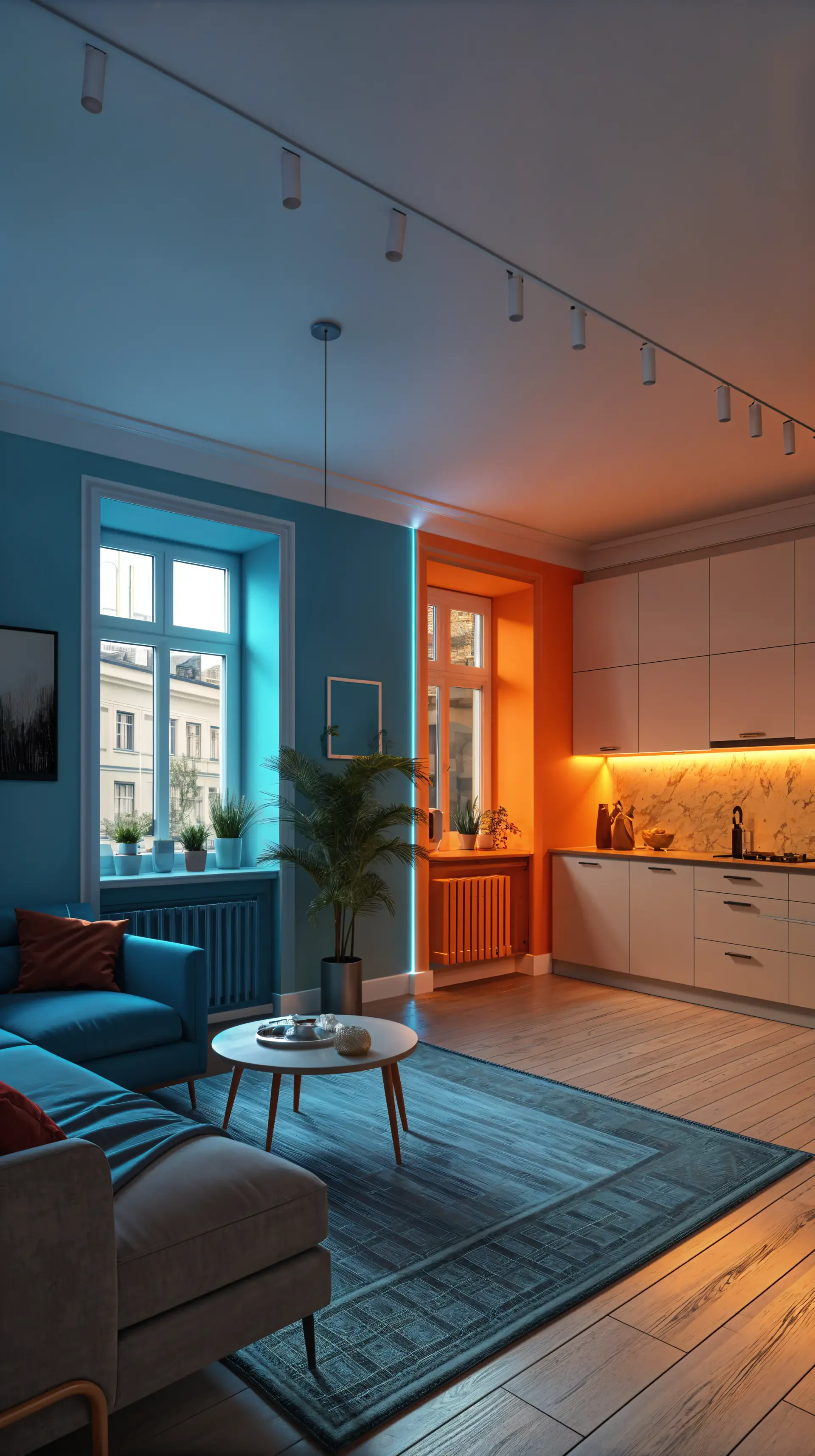 Apartment phone wallpaper for iPhone and Android: modern living room and kitchenette in an apartment, contrasting blue and orange light, cozy sofa, rug and potted plants.