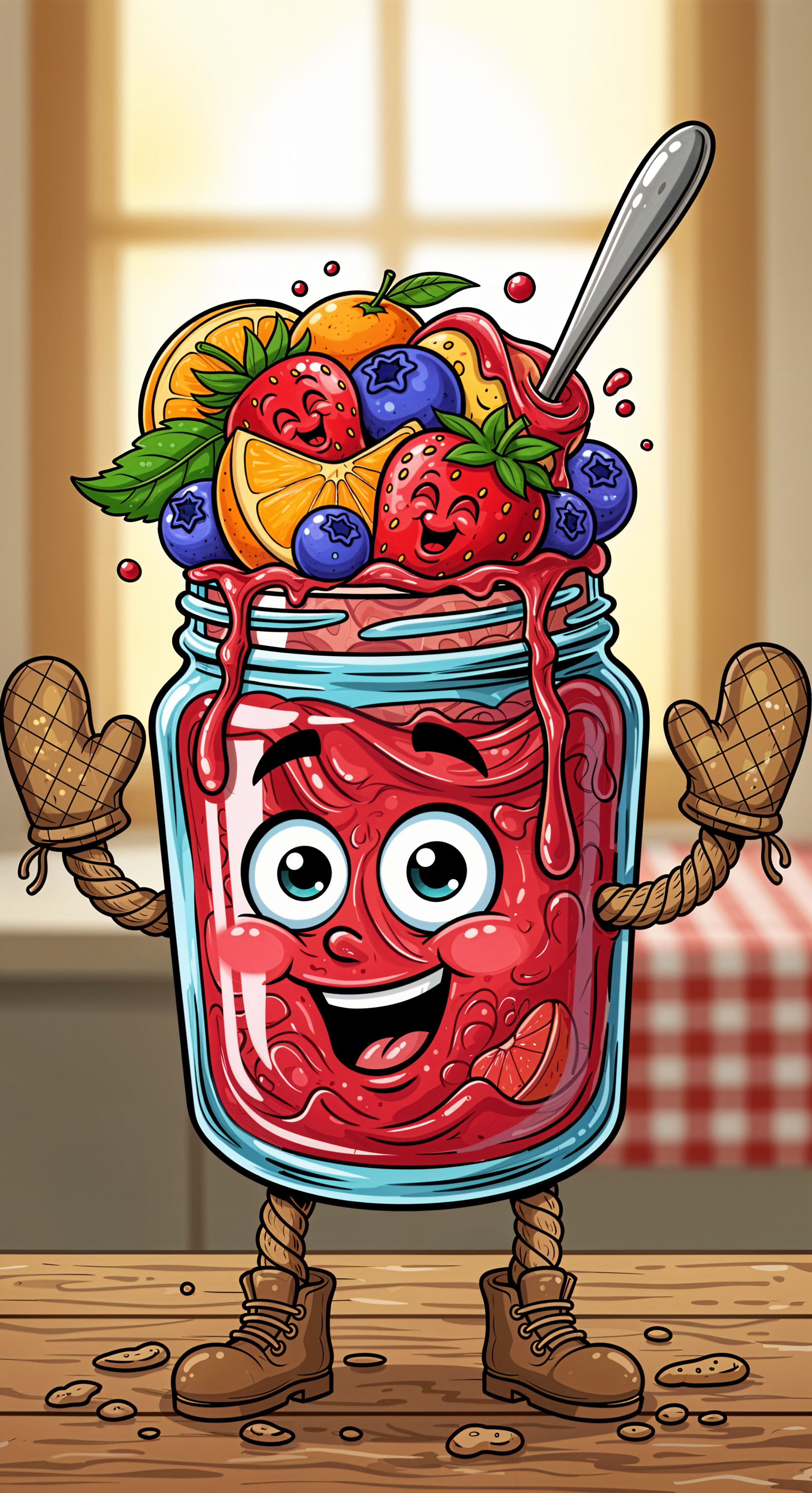 Playful jam jar character with fruit, spoon, mitts and boots on a kitchen background — colorful phone wallpaper for iPhones and Android phones.