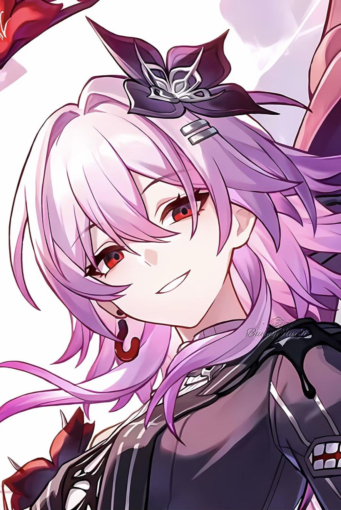 Phone wallpaper featuring Evernight from the video game Honkai: Star Rail — pink‑haired anime girl with red eyes and a black outfit, close-up portrait for iPhone and Android screens.