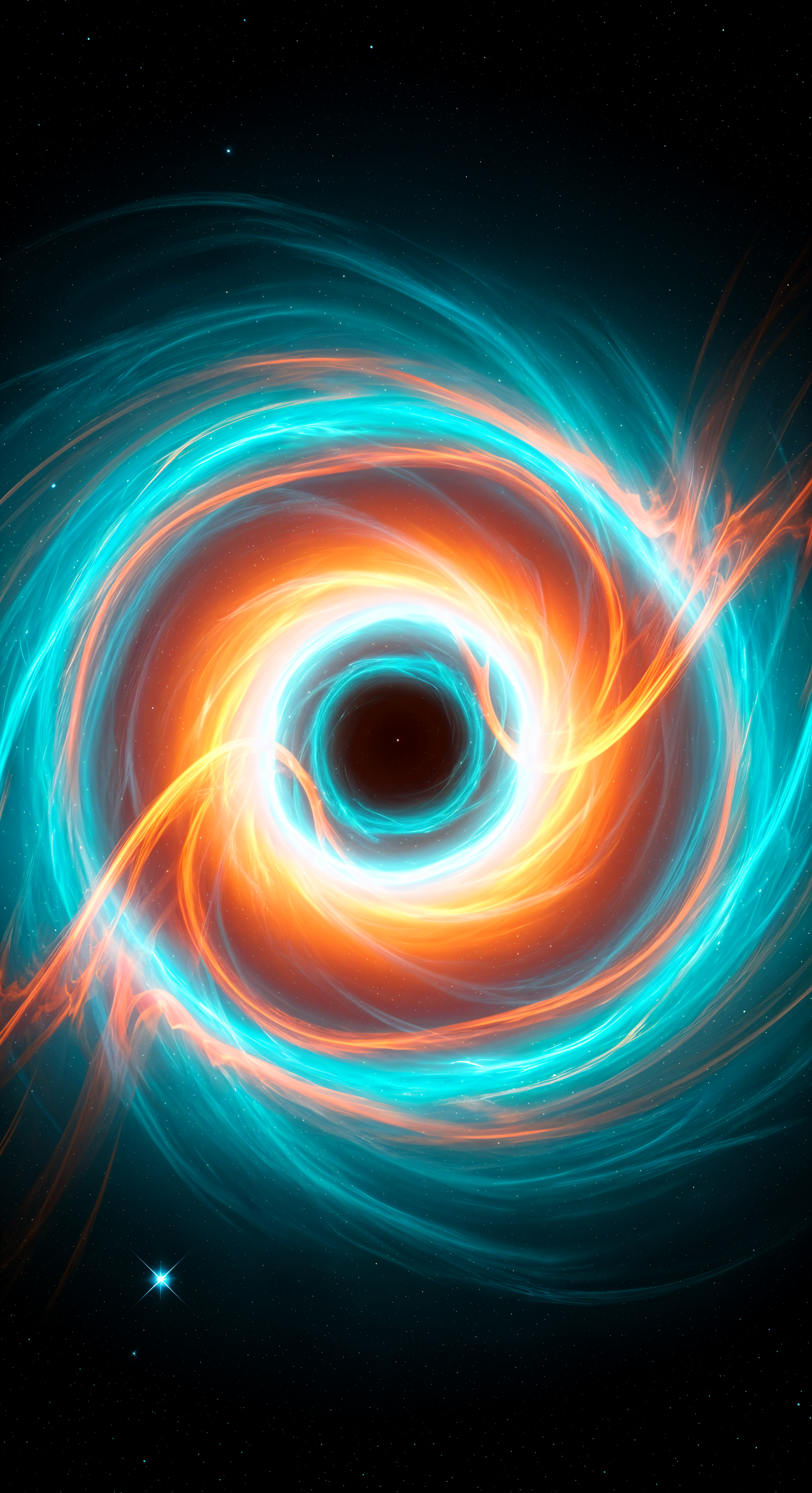 Phone wallpaper of a wormhole: swirling turquoise and orange vortex around a dark center in a starry space field, designed for iPhone and Android screens.