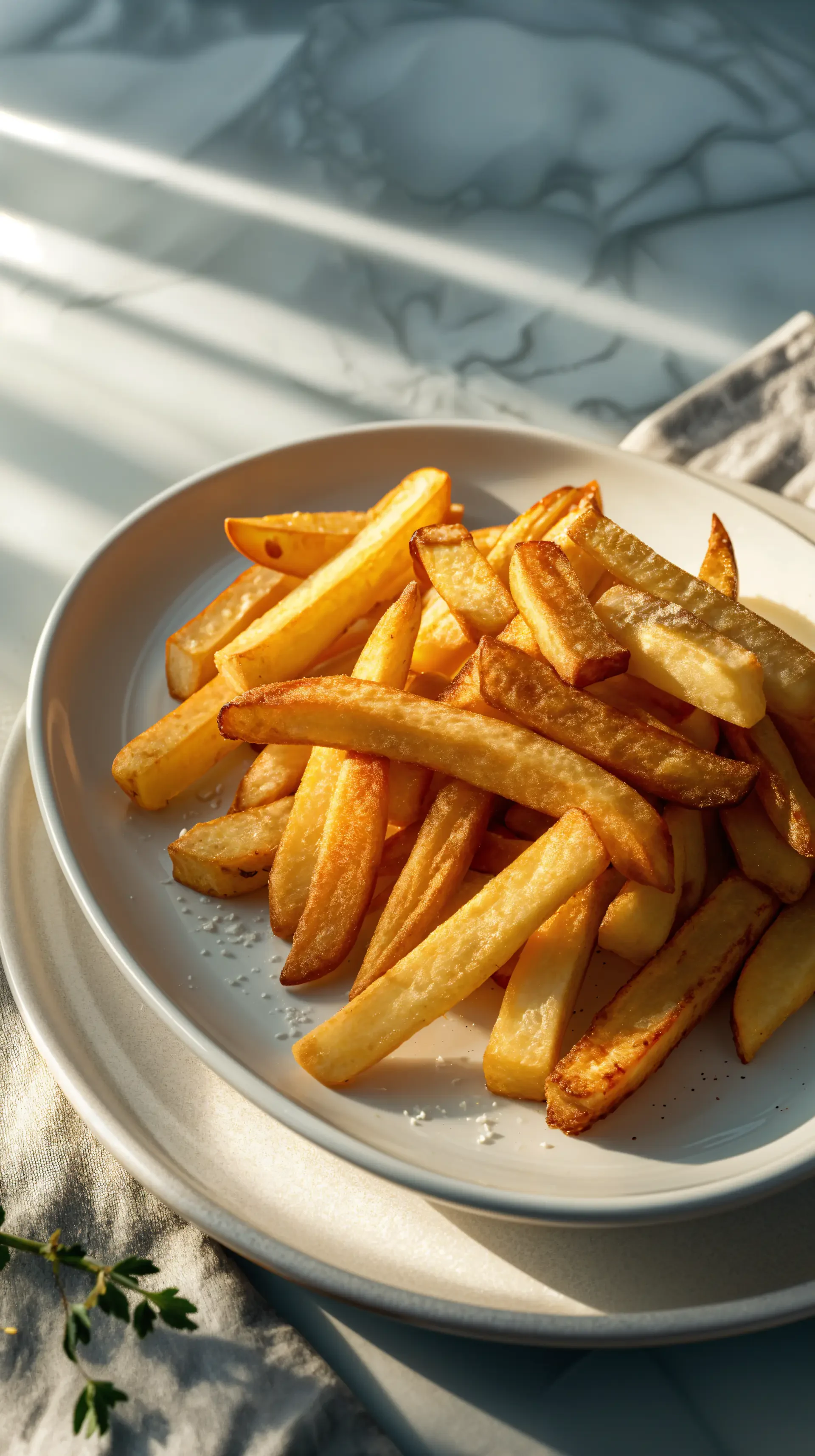 Golden french fries piled on a white plate in warm sunlight, vertical phone wallpaper formatted for iPhone and Android.