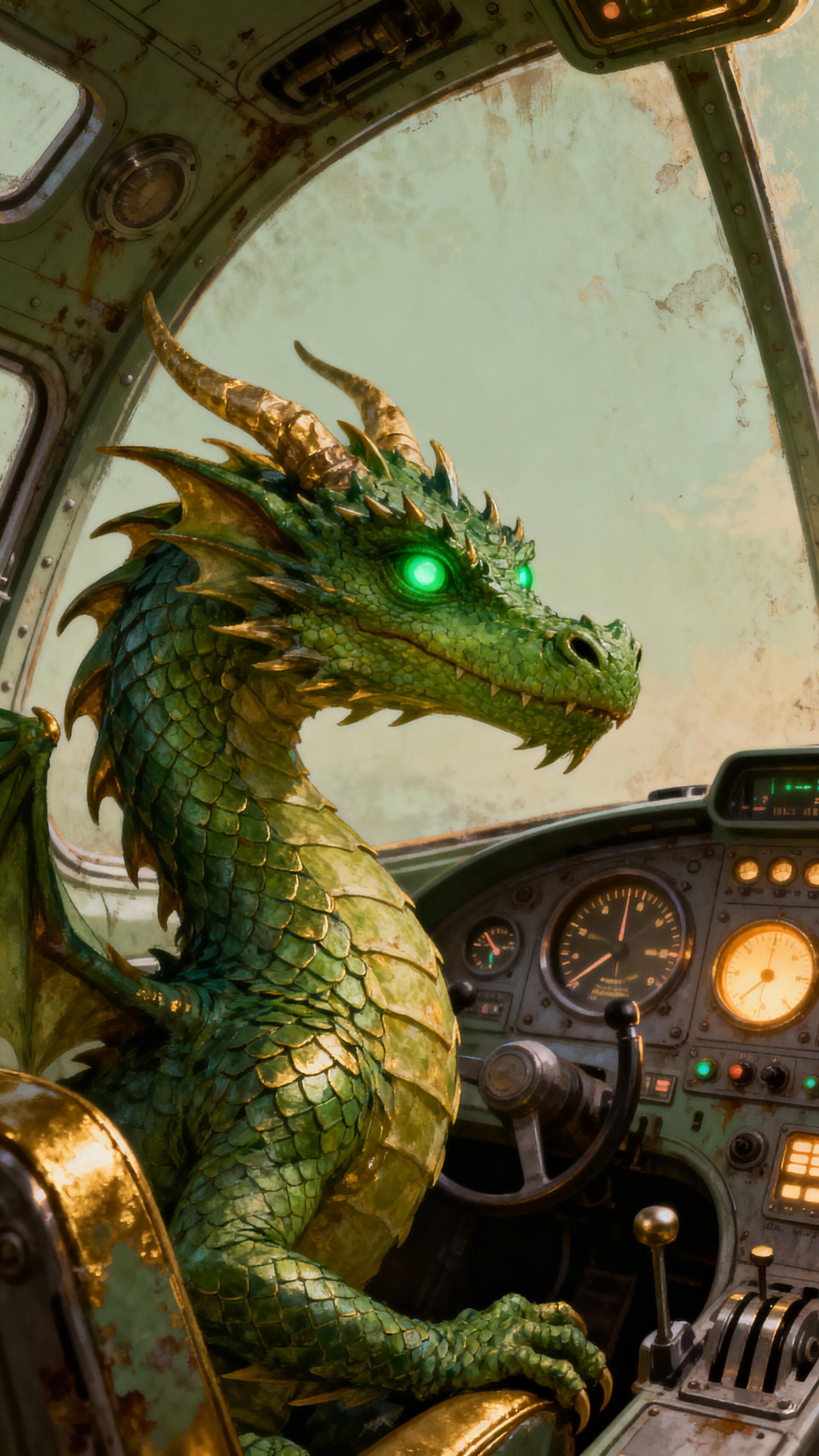 Green dragon with glowing eyes perched in a vintage cockpit surrounded by instruments — richly detailed phone wallpaper for iPhone and Android.