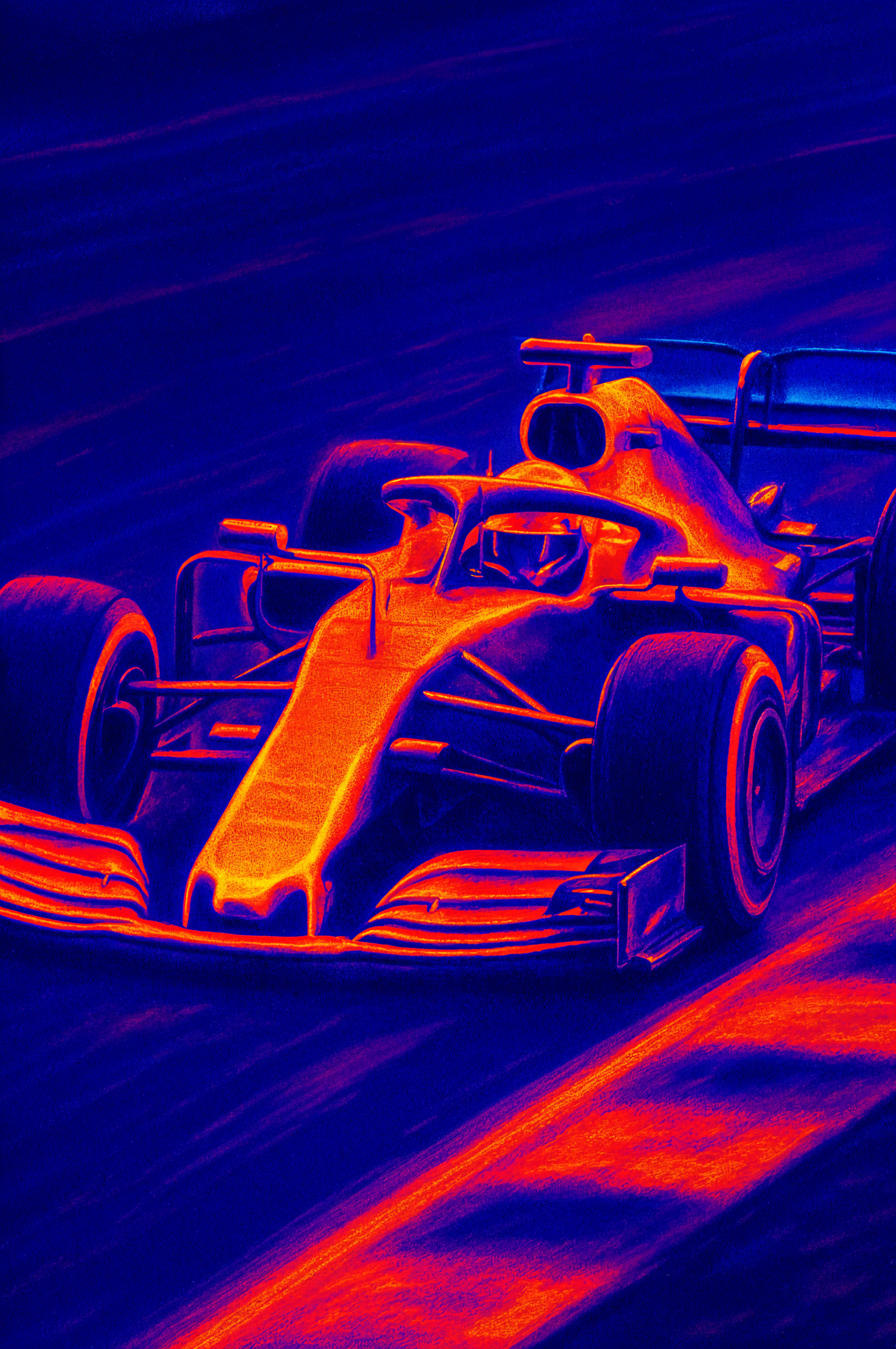 F1 — stylized thermal-color racing car phone wallpaper for iPhone and Android, vertical composition with glowing orange and purple streaks conveying high speed.