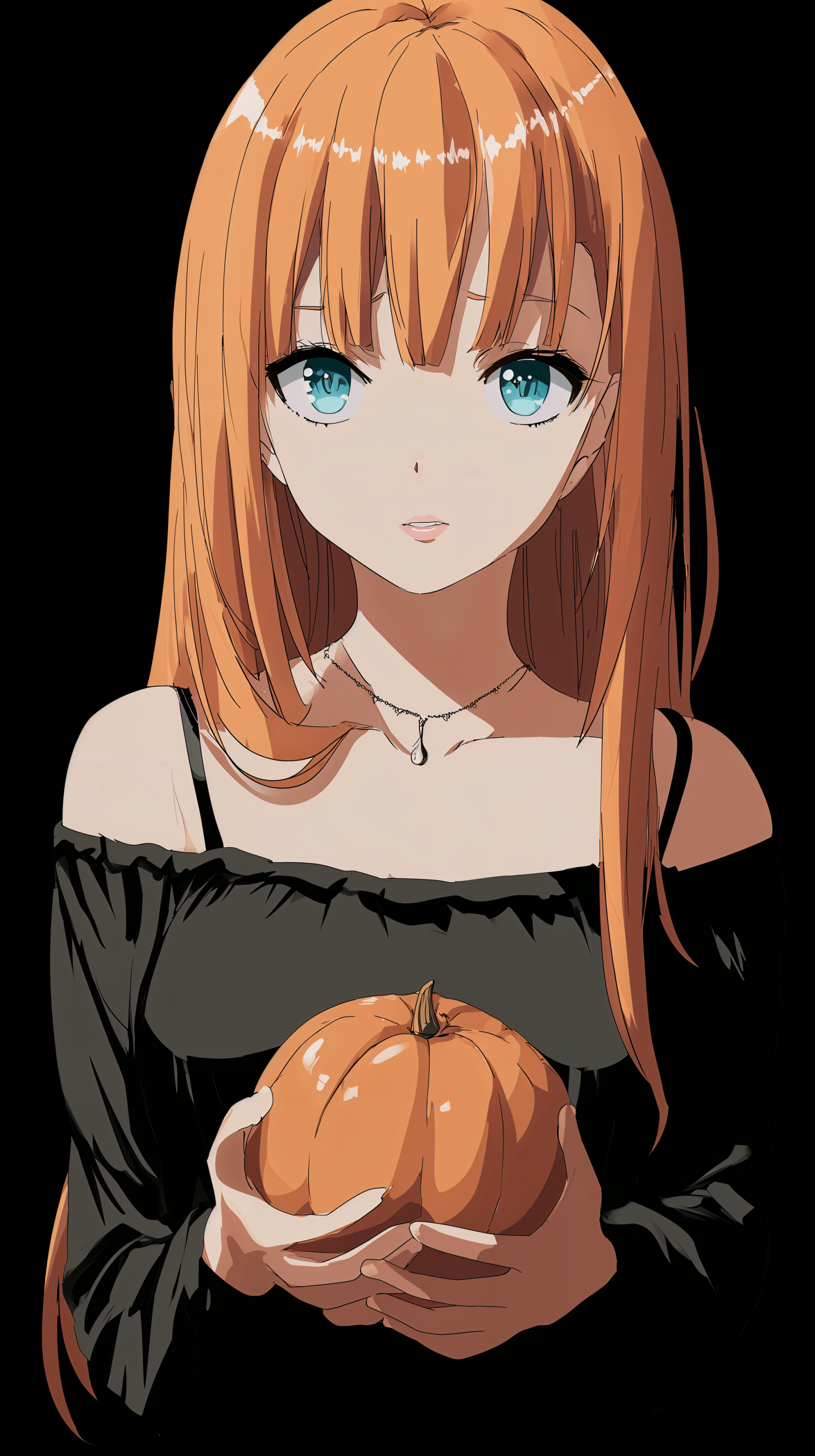 Anime Halloween phone wallpaper: orange-haired anime girl with teal eyes holding a pumpkin against a black background; works on iPhone and Android phones.