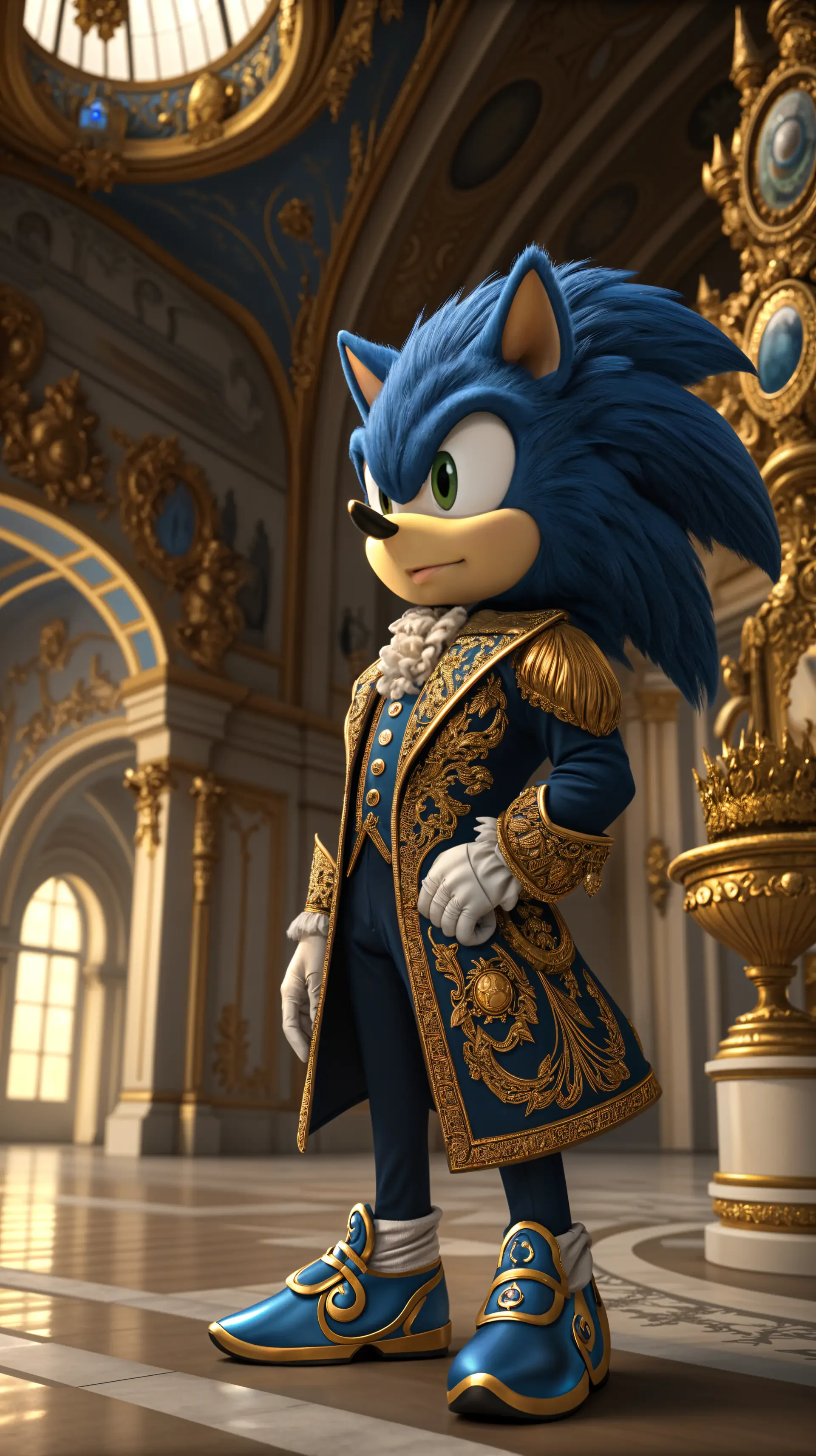 Sonic the Hedgehog in an ornate blue-and-gold royal coat and boots, posing in a gilded palace hall, vertical phone wallpaper for iPhone and Android phones.