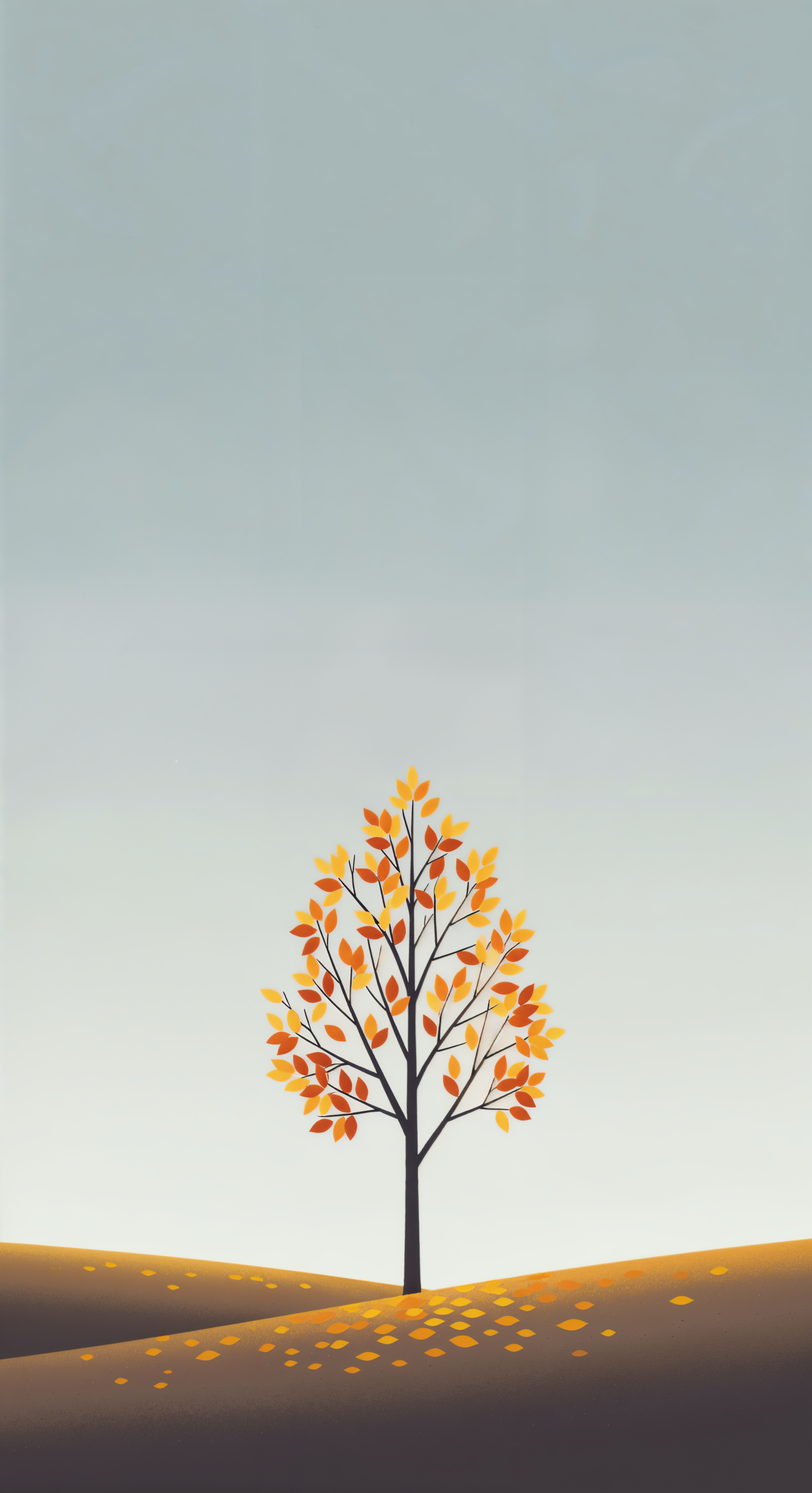 Vertical fall phone wallpaper that works on iPhone and Android: lone tree with orange and yellow leaves on rolling hills, scattered leaves beneath a pale sky.