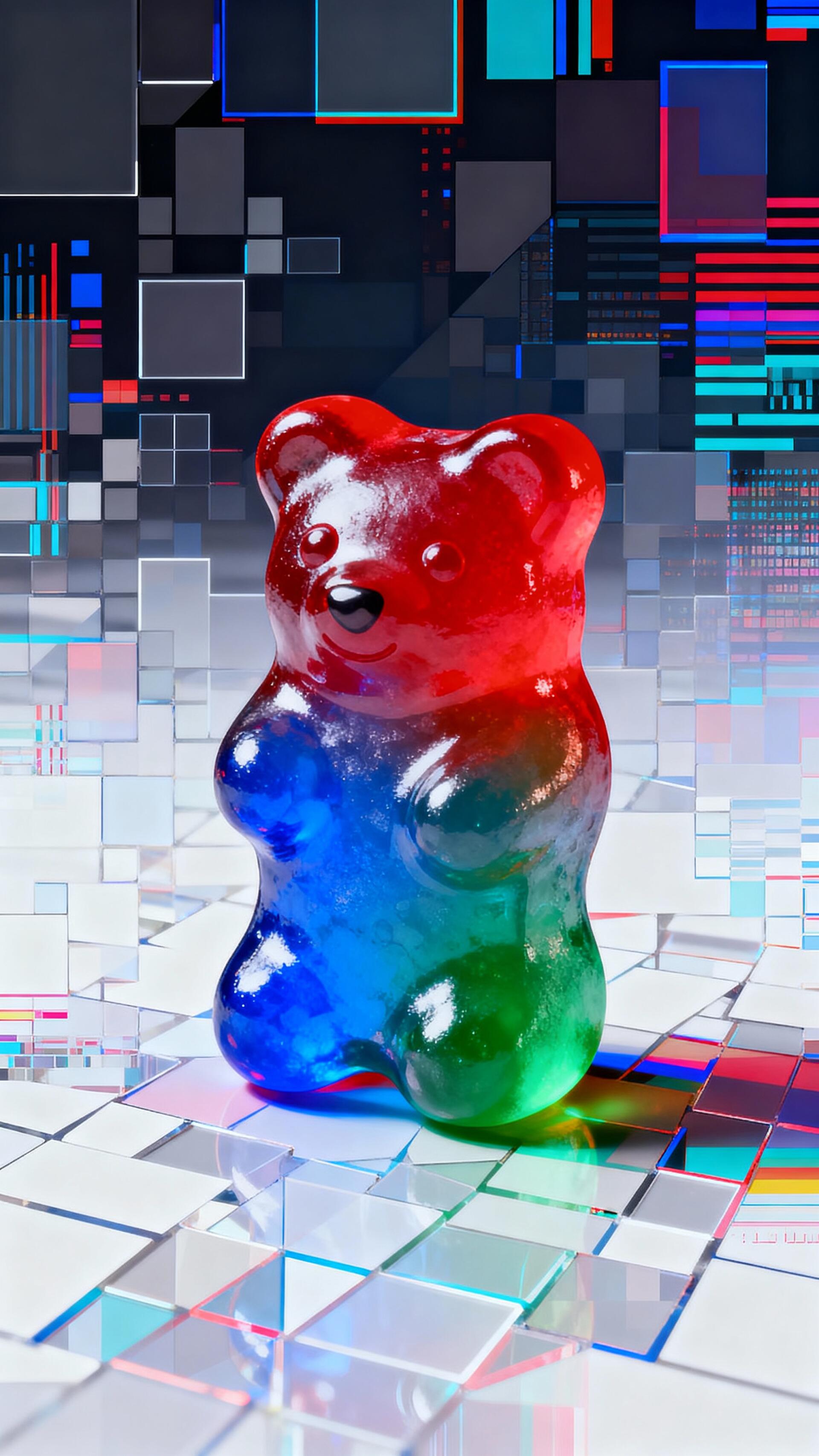 Translucent rainbow gummy bear on a glossy, glitchy tiled background — vertical phone wallpaper for iPhone and Android.