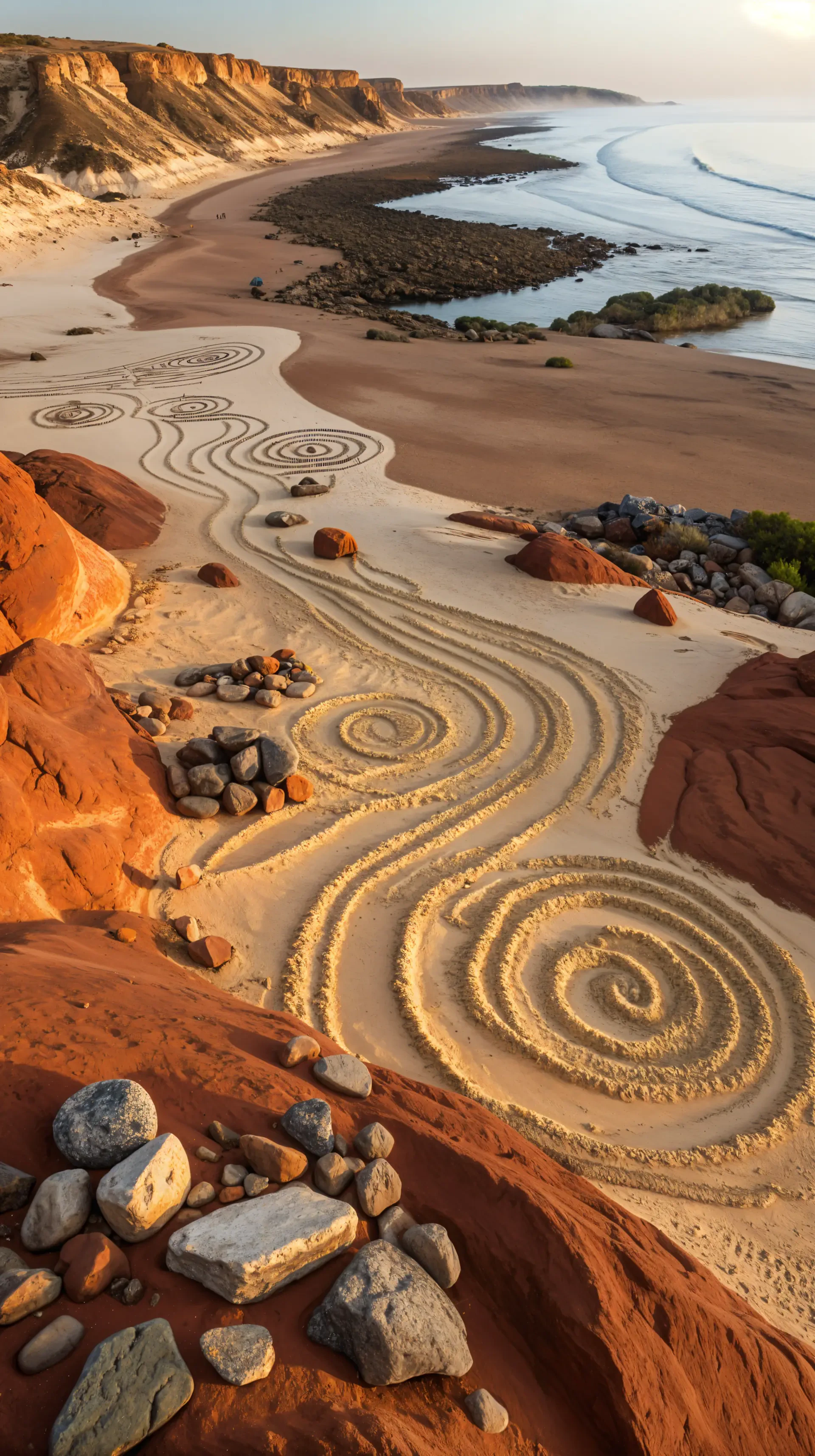 Vertical phone wallpaper for iPhone and Android: golden sunrise on a red‑cliffed beach with concentric spiral sand art, scattered boulders in foreground and gentle ocean waves in the background.