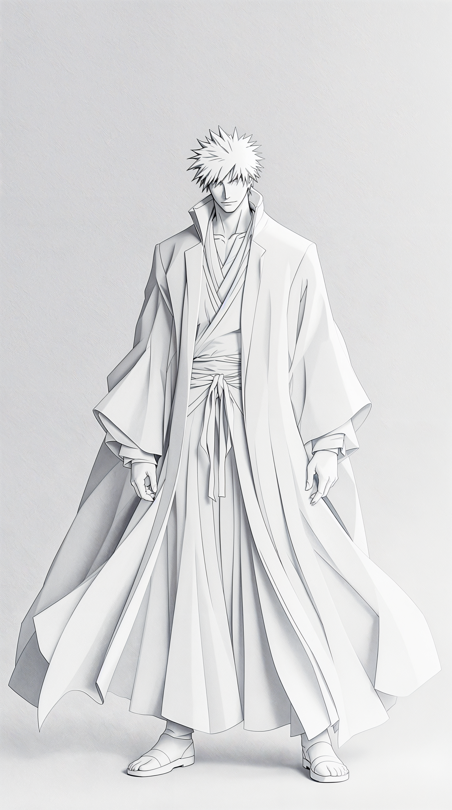 Monochrome Bleach phone wallpaper: full-body Ichigo in flowing white shihakusho, standing centered on a tall vertical design, formatted for iPhone and Android screens.
