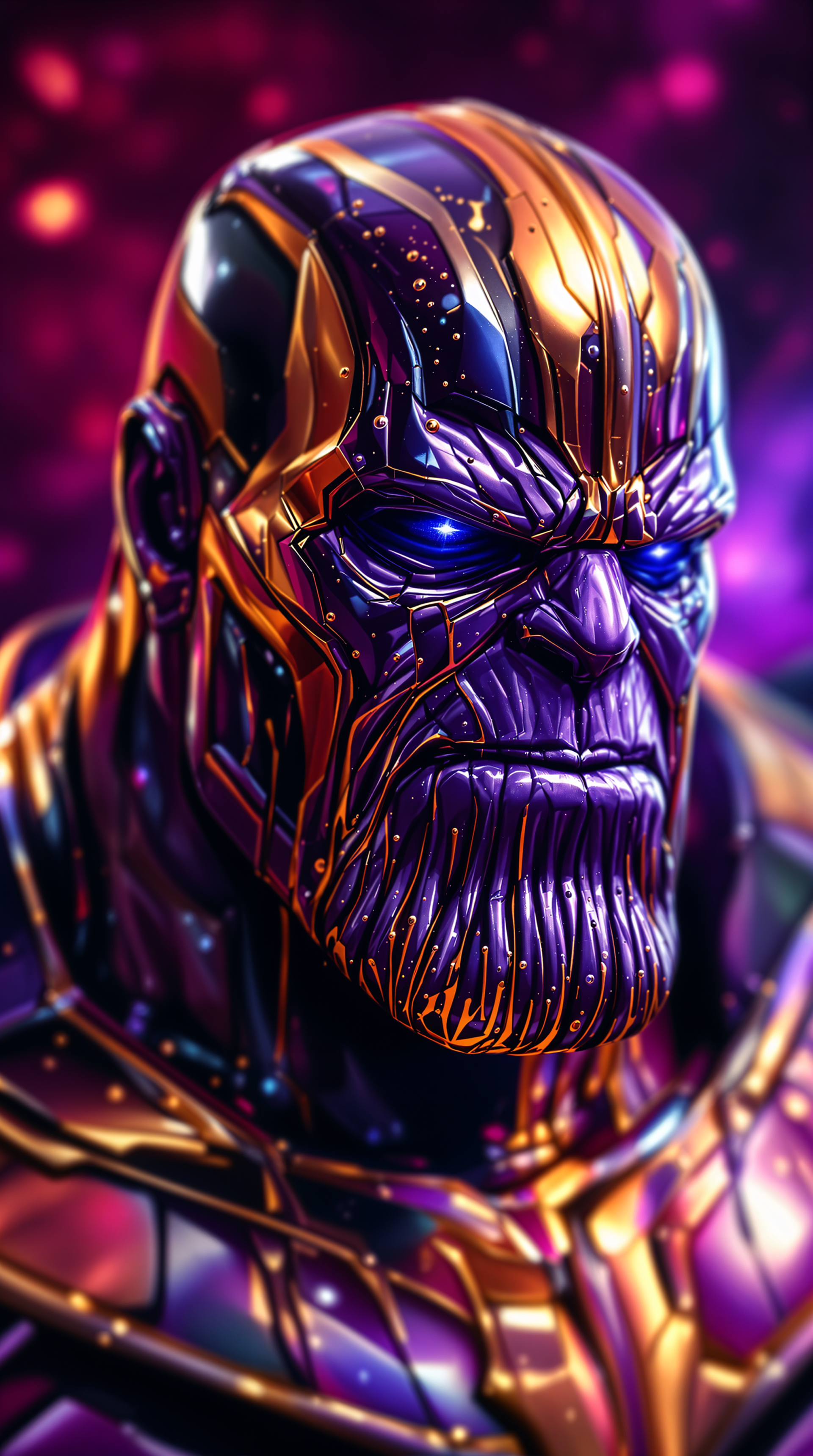 Close-up portrait of Thanos in gleaming purple-and-gold armor with glowing blue eyes against a cosmic purple bokeh—vertical phone wallpaper for iPhone and Android.