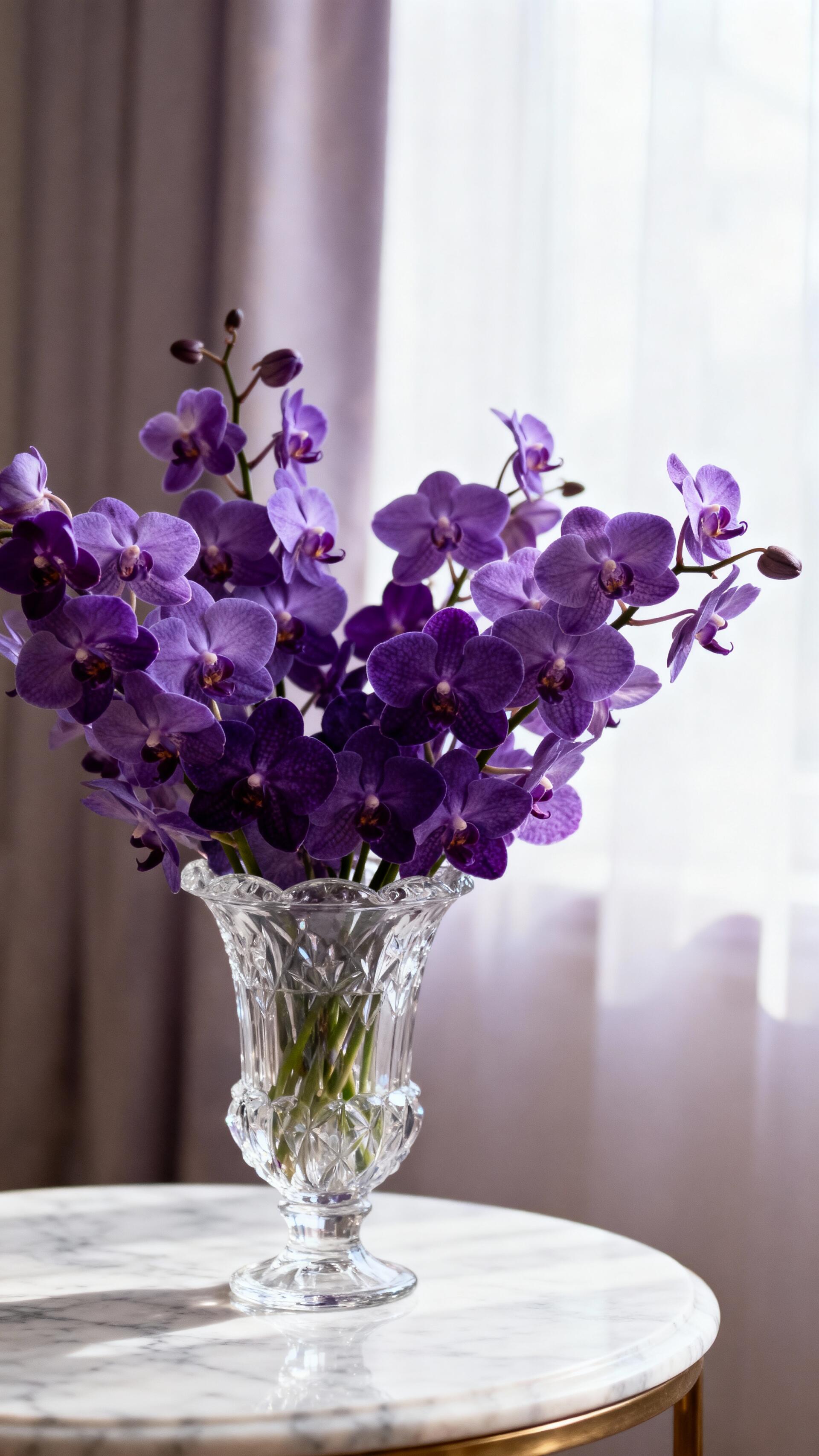 Phone wallpaper showing a purple orchid bouquet in a crystal vase on a marble table by sheer curtains, a vertical image that works on iPhone and Android phones.