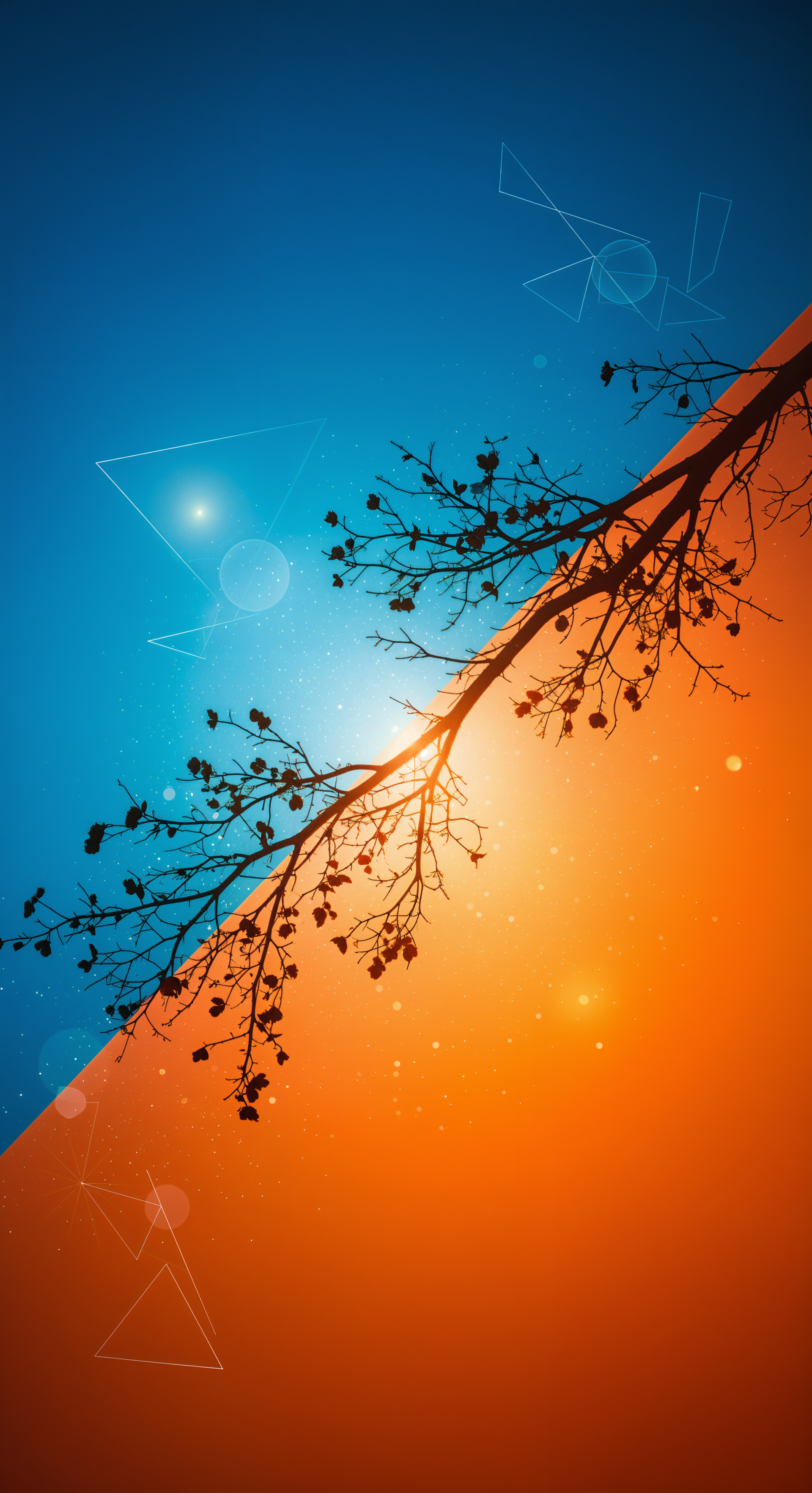 Aesthetic vertical phone wallpaper for iPhone and Android: silhouetted branch with sparse leaves diagonally crosses a split blue and orange gradient with soft lens flares and faint geometric lines.