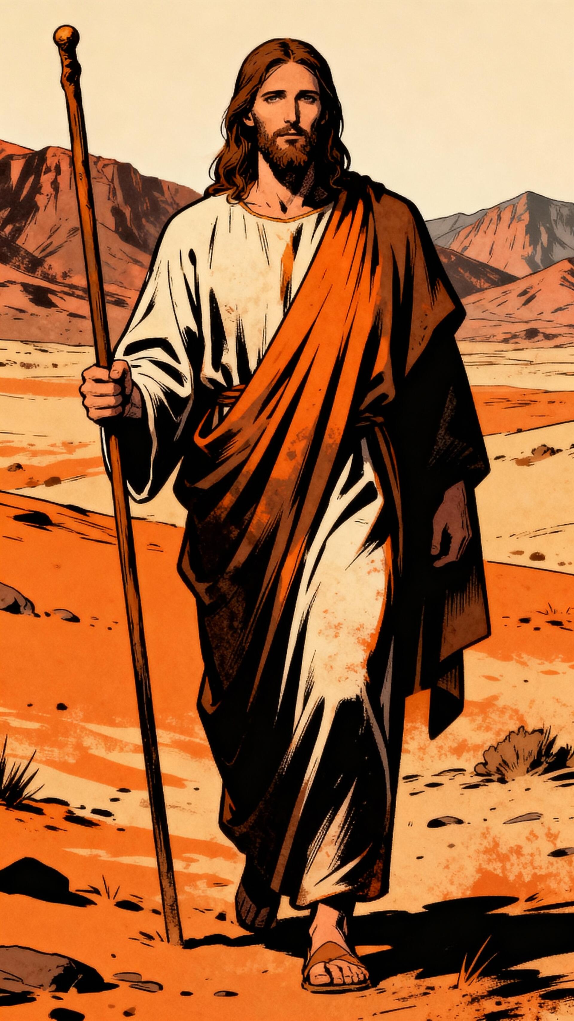 Vertical phone wallpaper of Jesus in robes holding a staff, walking across a sunlit desert; bold illustrated style, formatted for iPhone and Android screens.