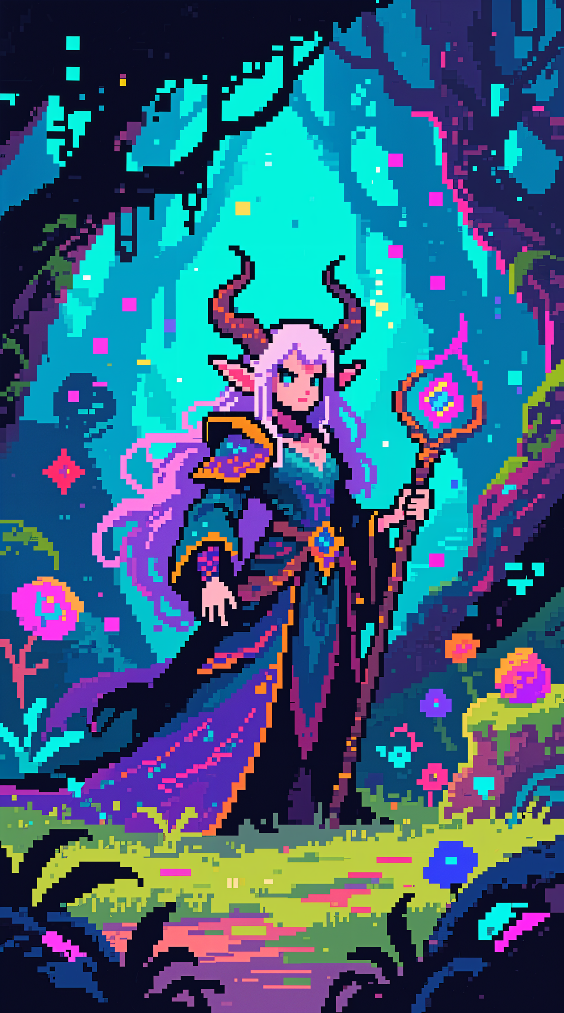 Pixel-art fantasy phone wallpaper for iPhone and Android: horned sorceress with flowing pink hair and glowing staff amid a bioluminescent enchanted forest, vibrant teal and purple palette.