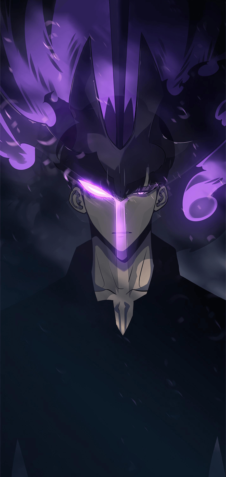 Vertical phone wallpaper for iPhone and Android of Solo Leveling's Sung Jin‑Woo: shadowed anime figure with a single glowing purple eye and swirling purple aura like hair.