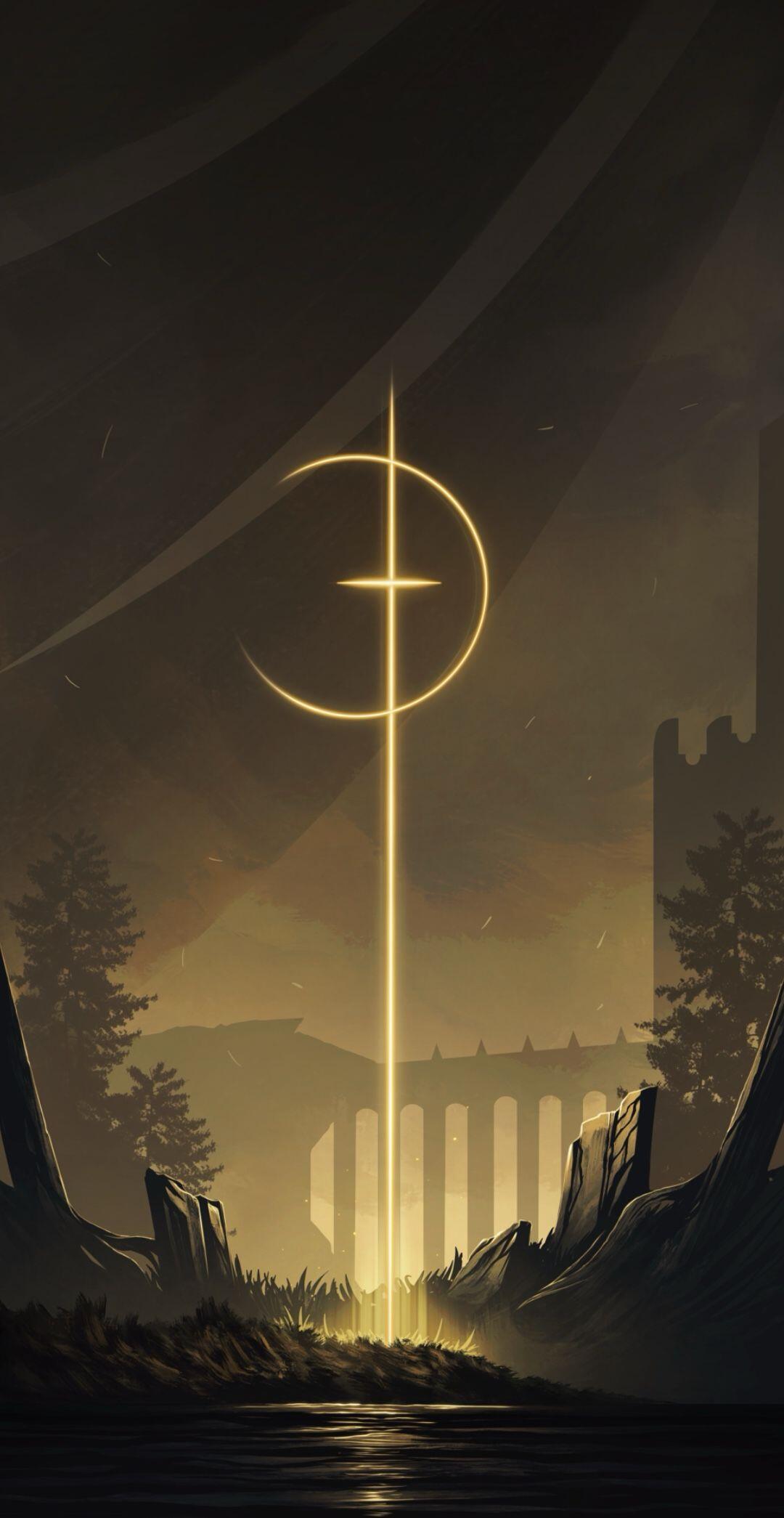 Video game Elden Ring rune: a golden sigil and vertical beam of light over ruins and shadowed landscape, designed as a phone wallpaper for iPhone and Android.