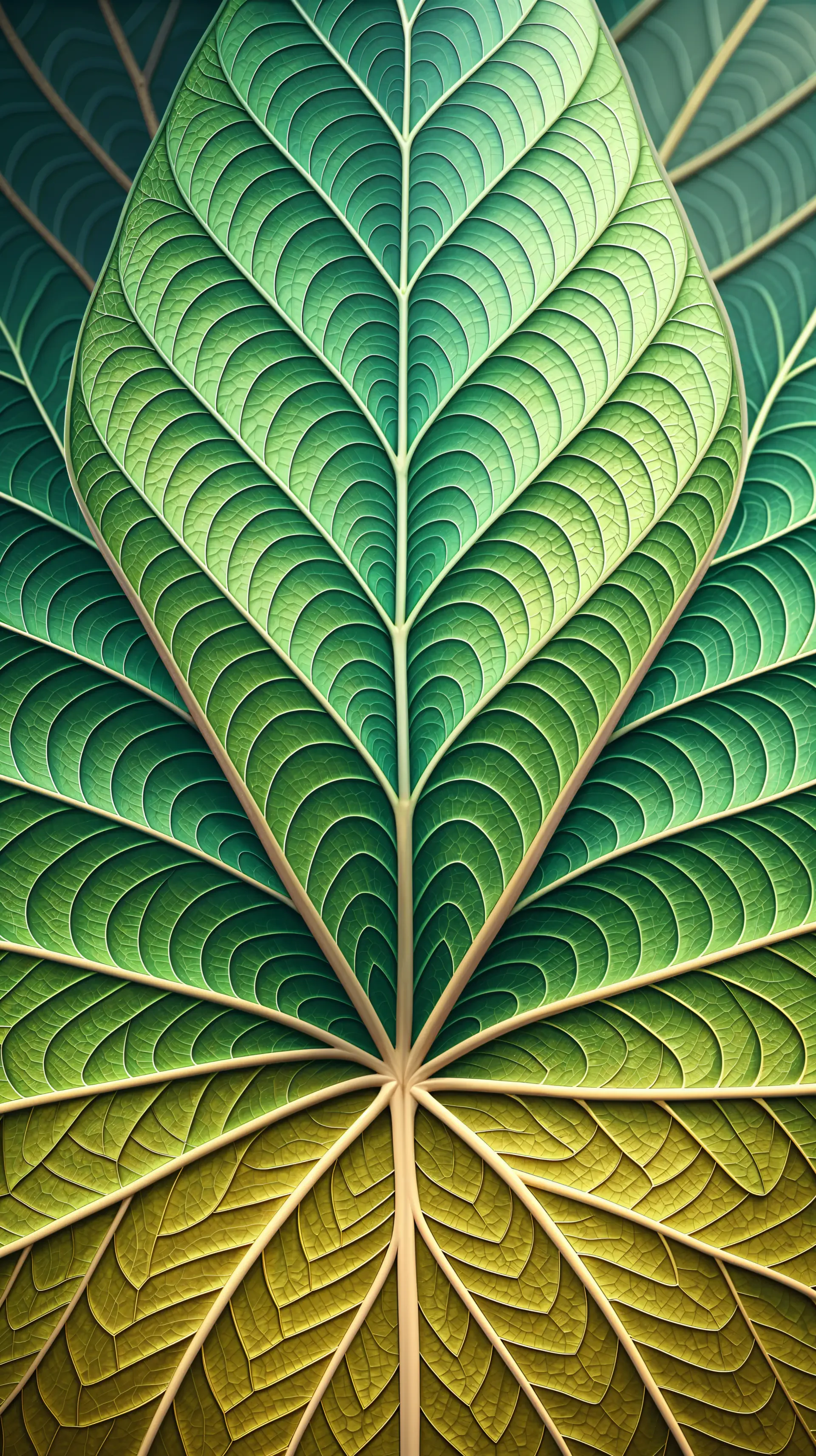 Vertical stylized leaf pattern with layered veins in a green-to-gold gradient, phone wallpaper designed for iPhone and Android screens.