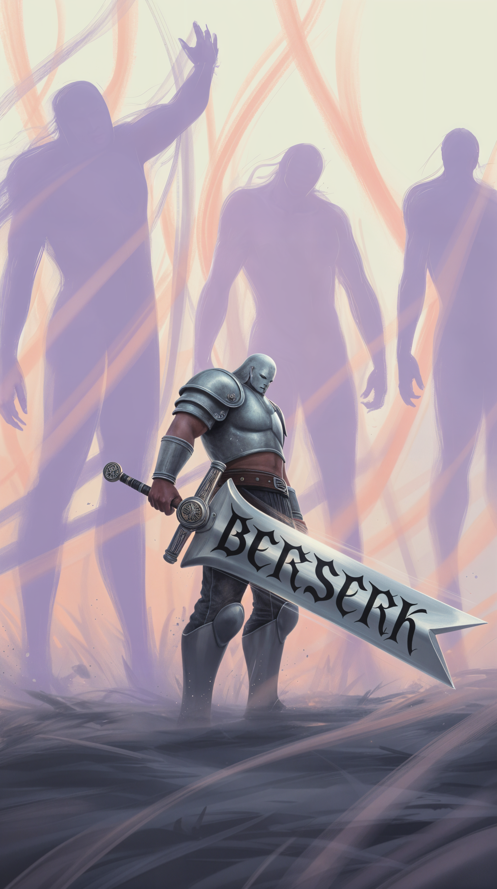 Berserk phone wallpaper: armored warrior grips a giant sword etched BERSERK as towering shadowy figures loom in a misty forest — formatted for iPhone and Android screens.
