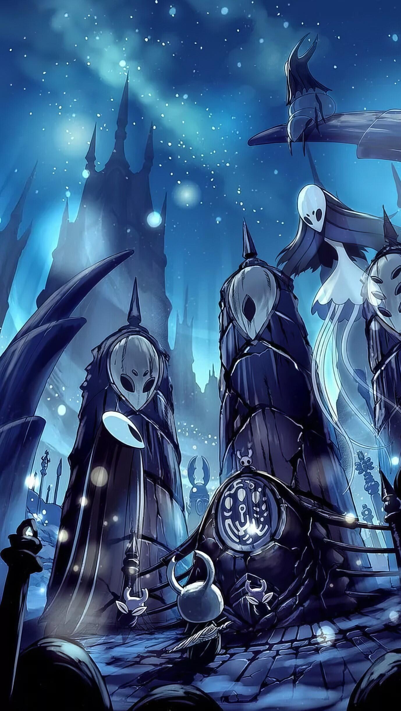 Blue Hollow Knight video game wallpaper: small white-masked Knight faces towering cloaked figures and spires beneath a starry blue sky — vertical phone wallpaper for iPhone and Android.