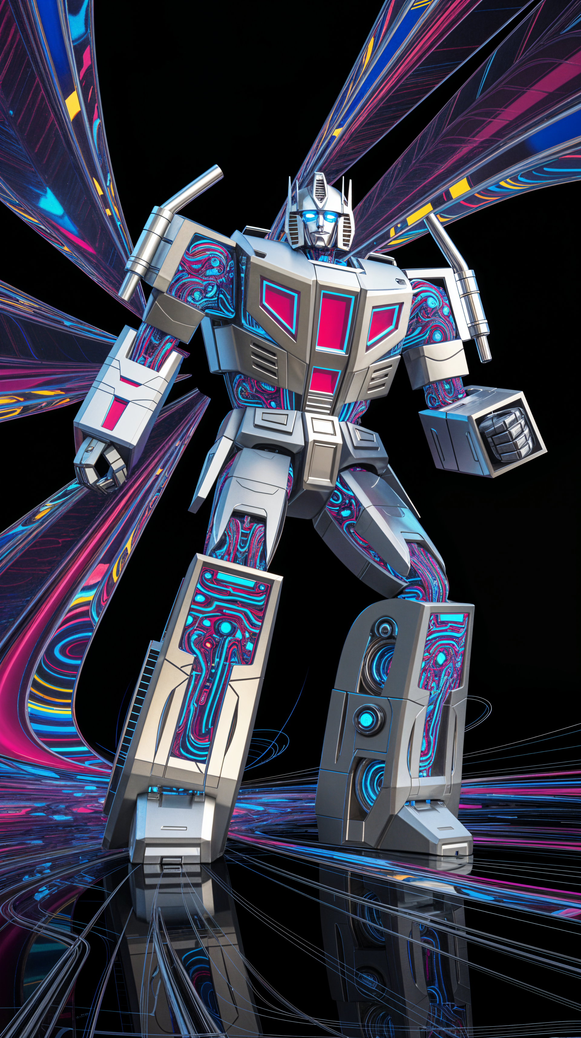 Autobot phone wallpaper for iPhone and Android: chrome robot with neon magenta and cyan circuitry, glowing eyes and sweeping multicolored energy trails against a black background.