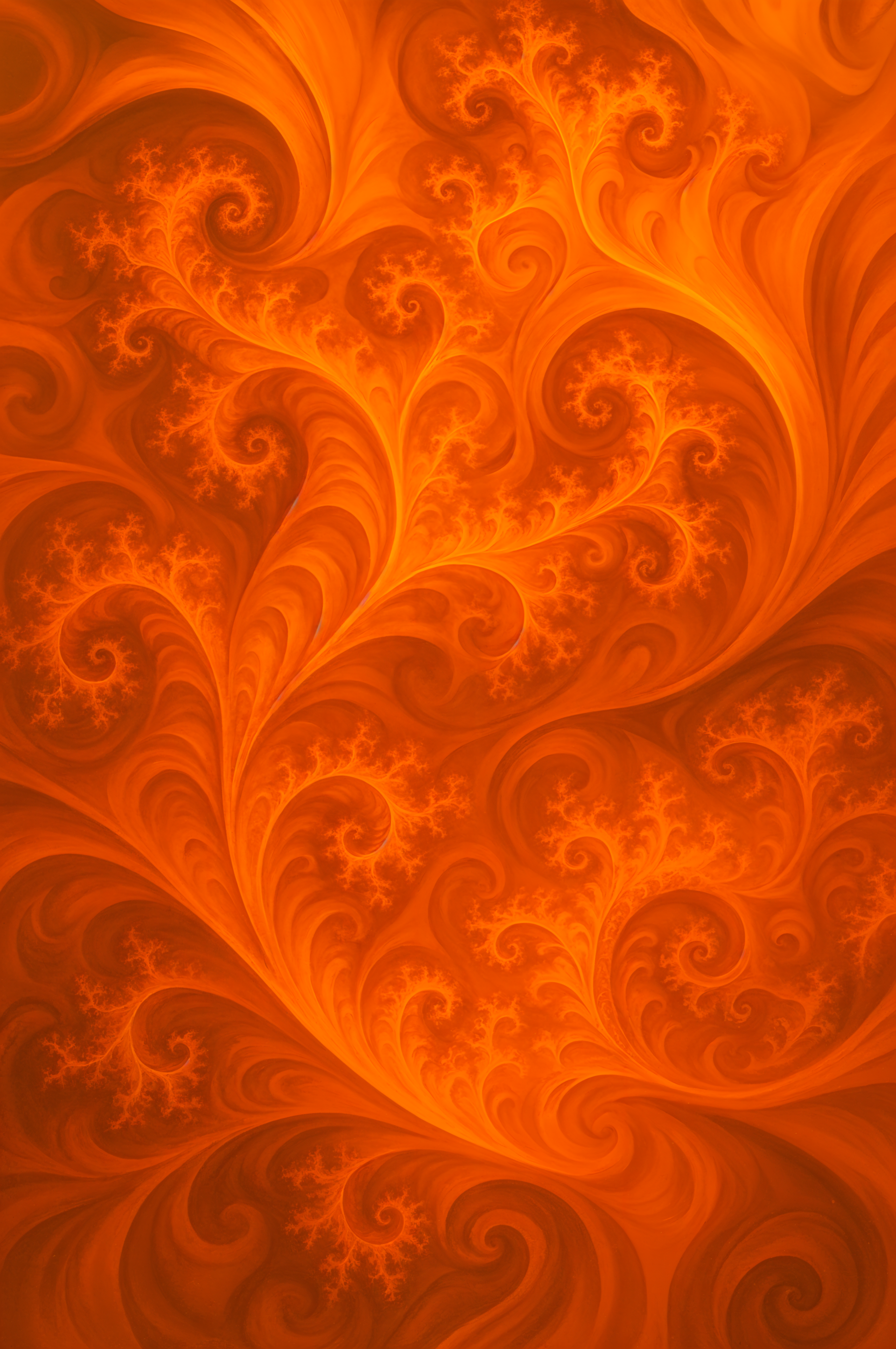 Orange aesthetic phone wallpaper with swirling fractal foliage pattern, vertical layout for iPhone and Android screens.