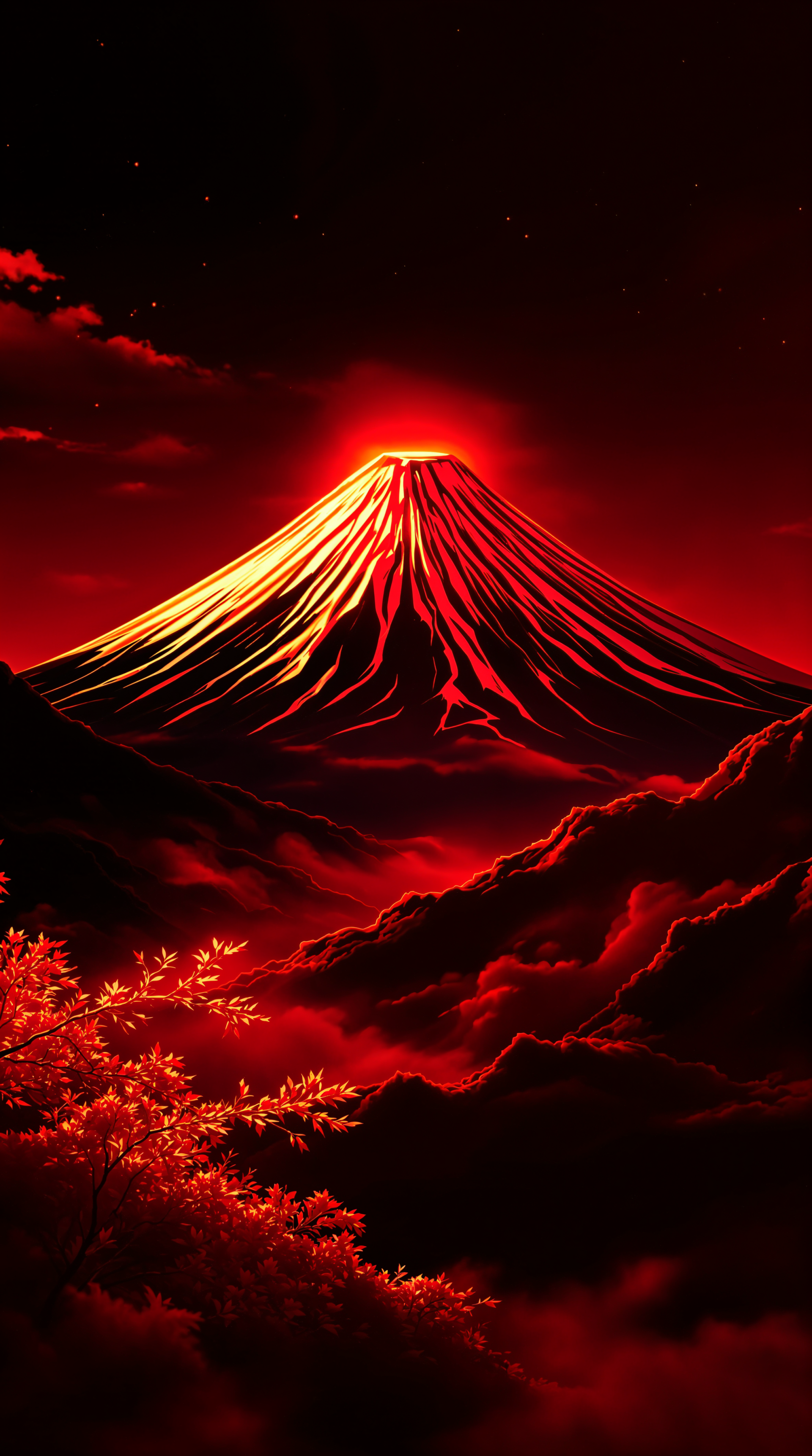 Vertical phone wallpaper for iPhone and Android: Mount Fuji glowing red and gold above crimson clouds, a starry night sky, and illuminated maple leaves in the foreground.
